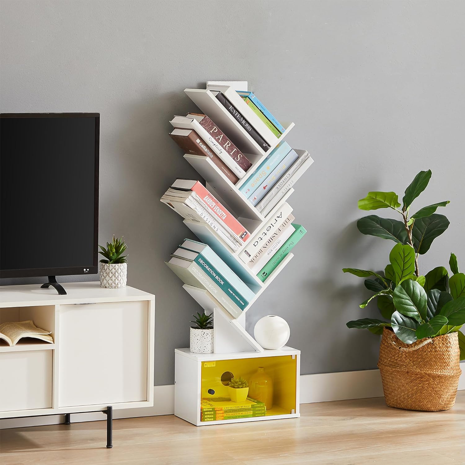 VECELO Tree Bookshelf, 7-Tier Tree Bookcase Wood Shelves Display with Storage Cabinet - VECELO