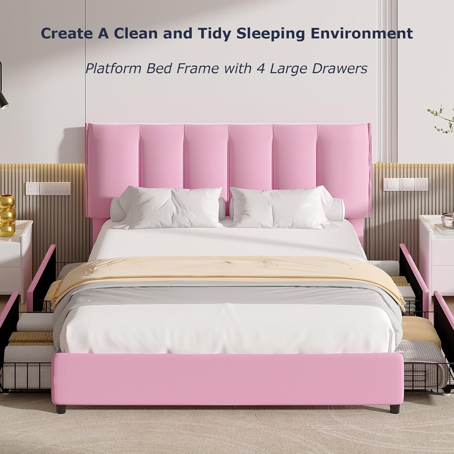 VECELO Upholstered Bed Frame with 4 Storage Drawers and Adjustable Velvet Headboard - VECELO