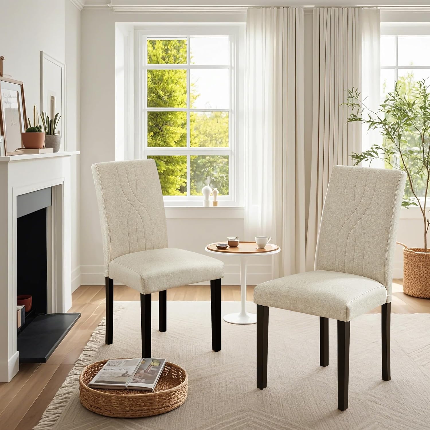 VECELO Upholstered Dining Chairs Set of 2 Modern Fabric and Solid Wood Legs & High Back - VECELO