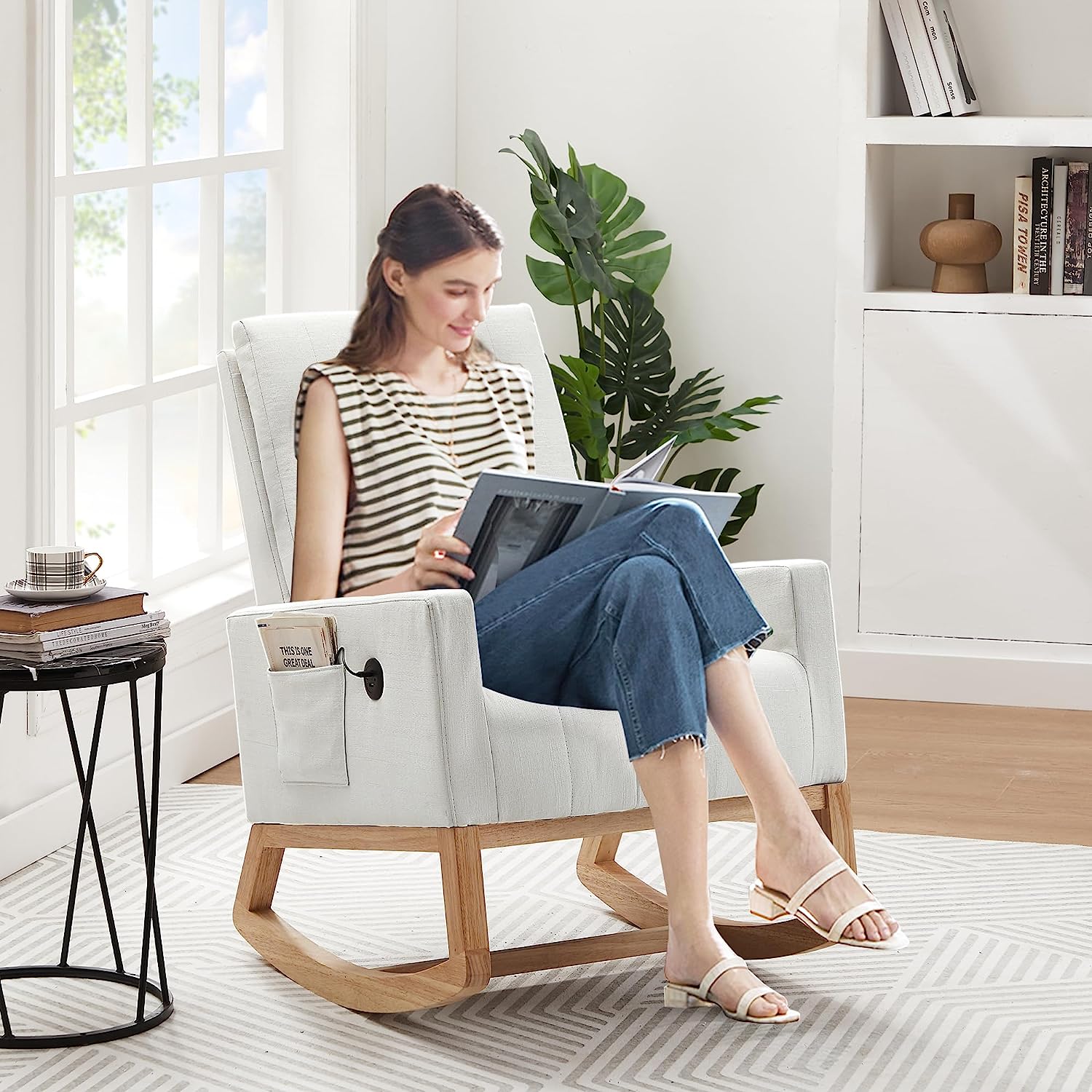 VECELO Rocking Chair Upholstered Nursery Glider Rocker High Backrest Comfy Armchair with Side Pocket and USB Port - VECELO