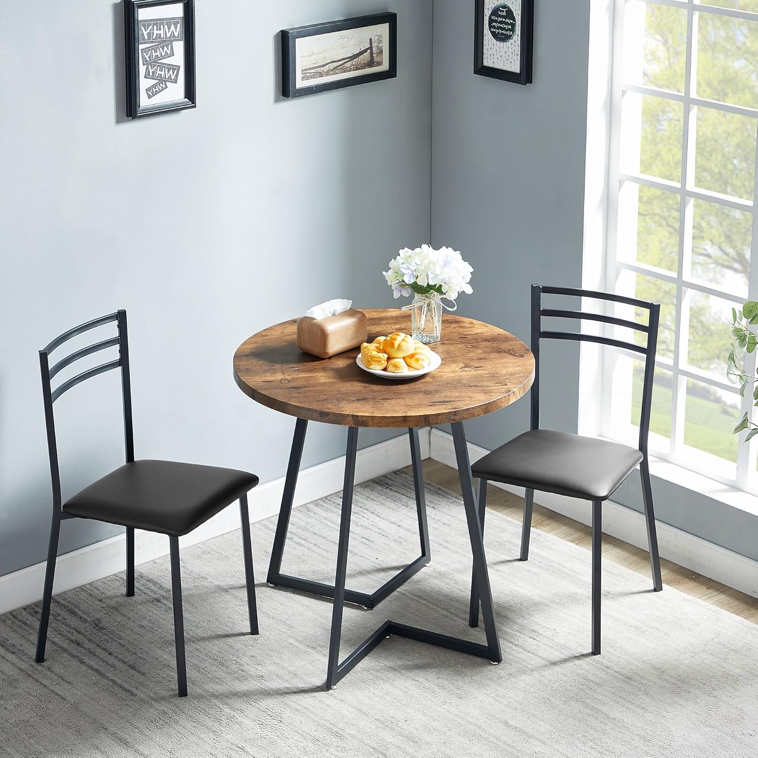 VECELO Round Dining Room Table with Wood Grain Tabletop and Steel Frame - VECELO