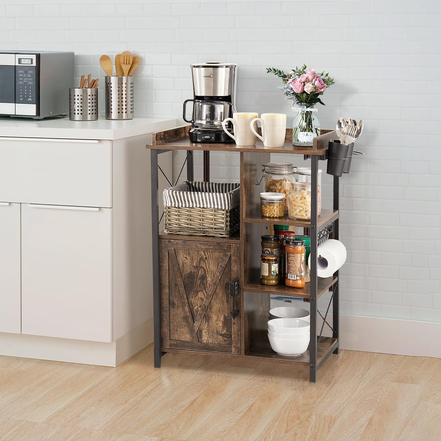 VECELO Floor Cabinet, Freestanding Storage Organizer with 2 Outlets & 3 Shelves for Bathroom, Kitchen,Hallway - VECELO