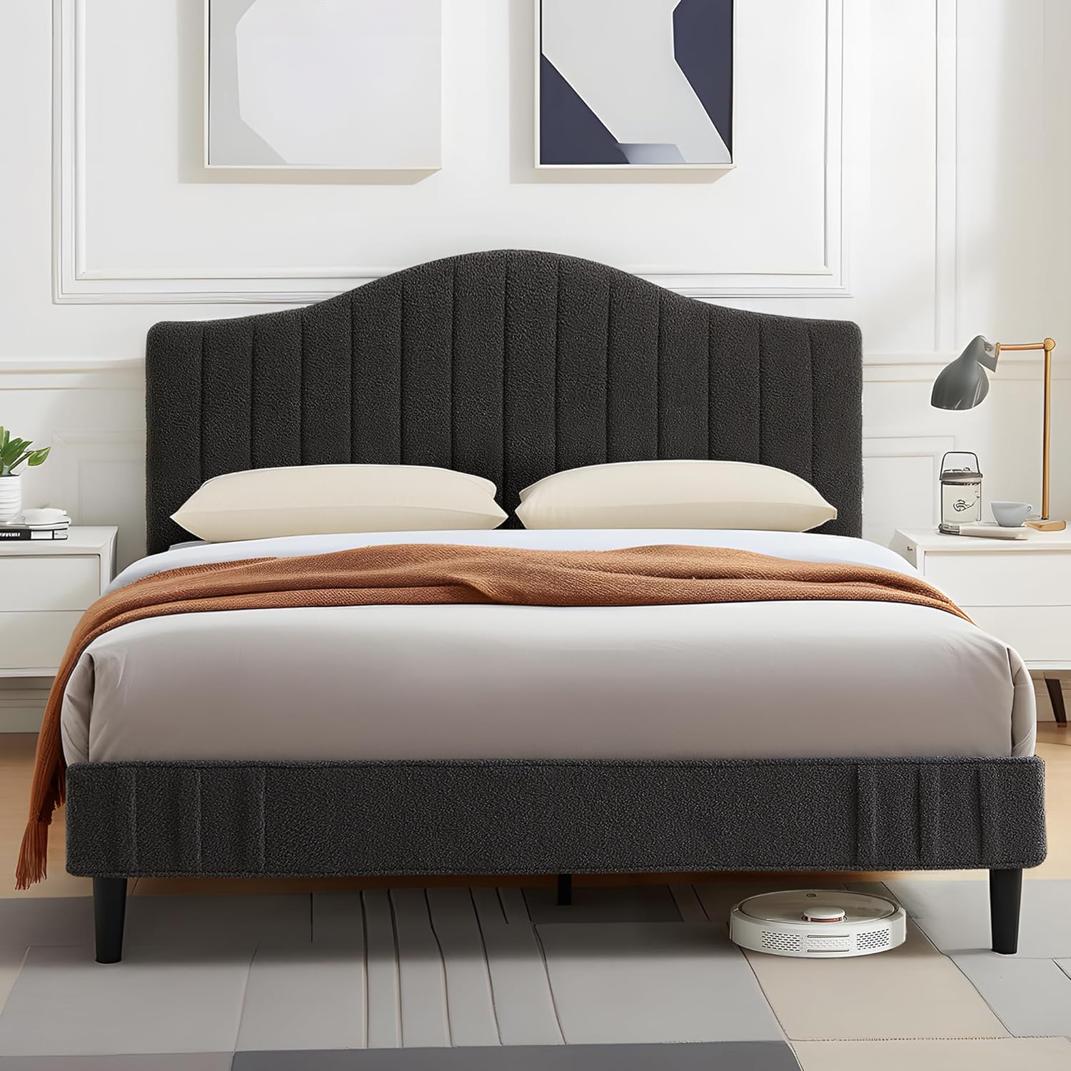 VECELO Upholstered Platform Bed Frame with Sheepskin Fabric Adjustable Headboard/Strong Wood Slats Supports - VECELO