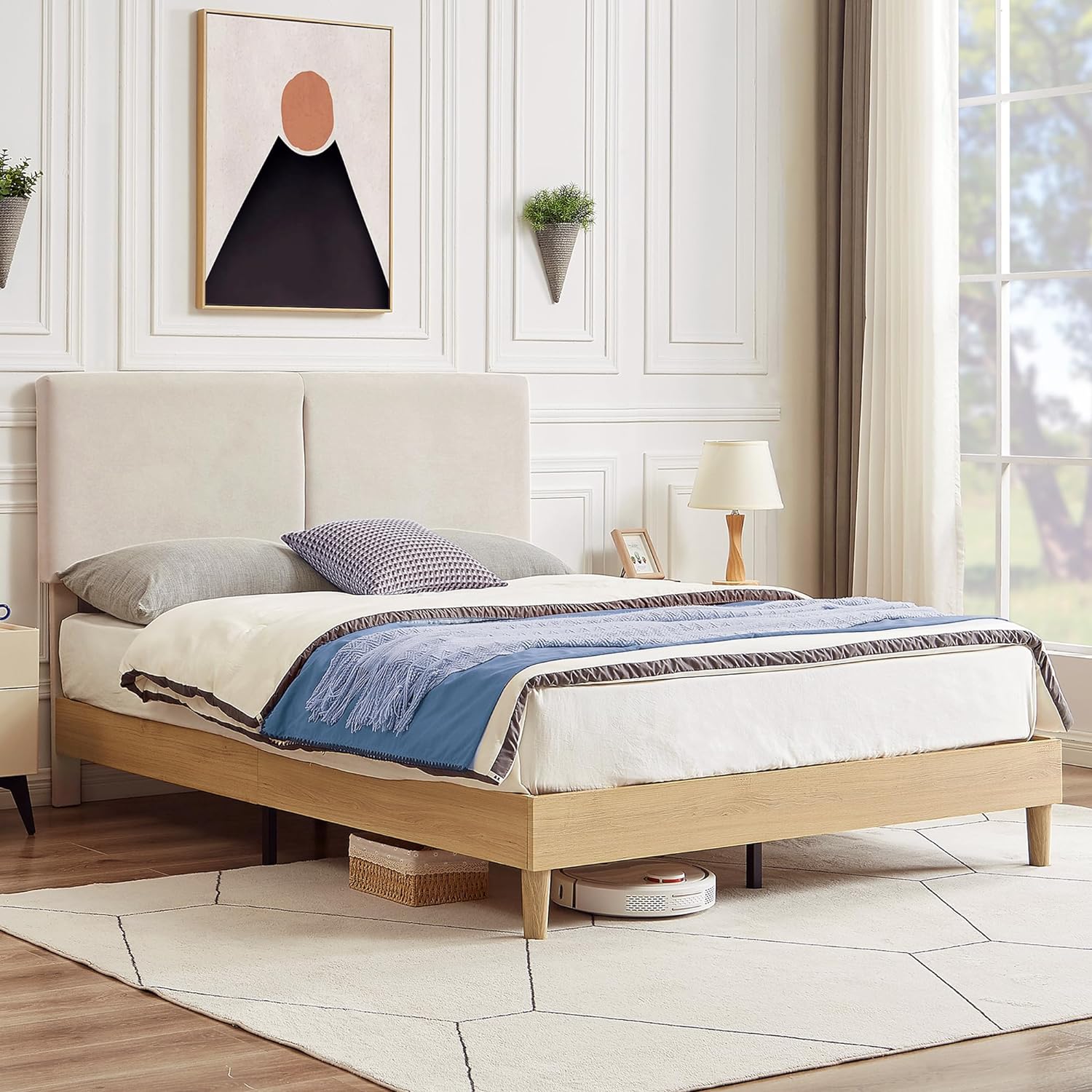 VECELO Upholstered Platform Bed Frame with Height-Adjustable Cotton and Linen Headboard - VECELO