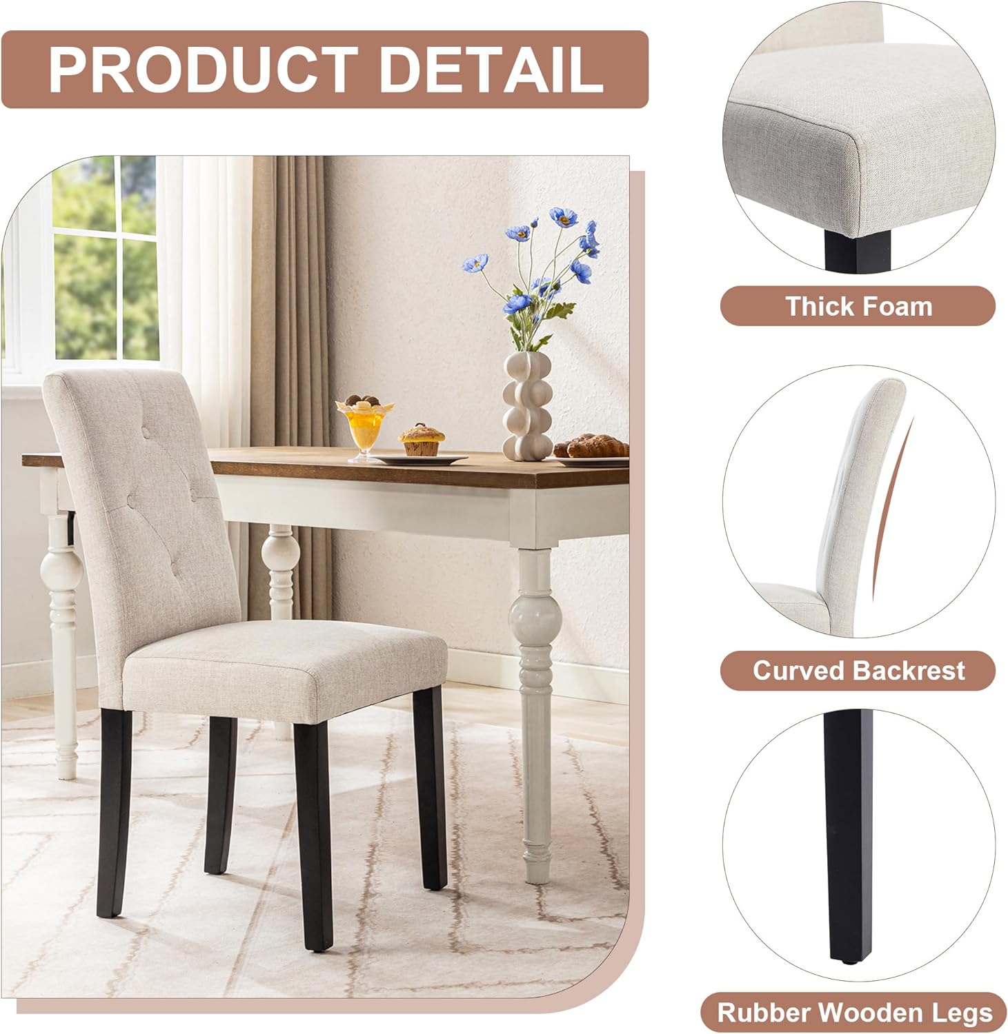 VECELO Upholstered Dining Set of 2 Modern Fabric Dinning Chair with Solid Wood Legs and High Back - VECELO