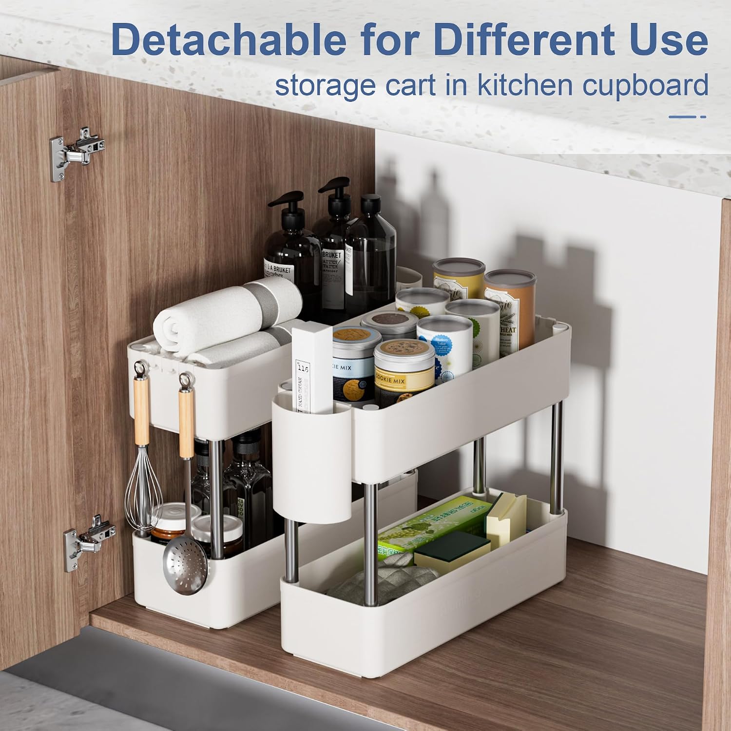 VECELO 3-Tier Storage Cart Utility Rolling Cart, Mobile Shelving Slim Unit Organizers with 360°Wheels Hooks&Hanging Cups