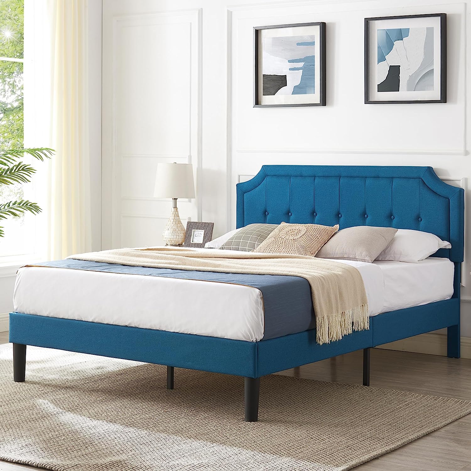 VECELO Premium Upholstered Platform Bed Diamond Stitched Panel Headboard - VECELO