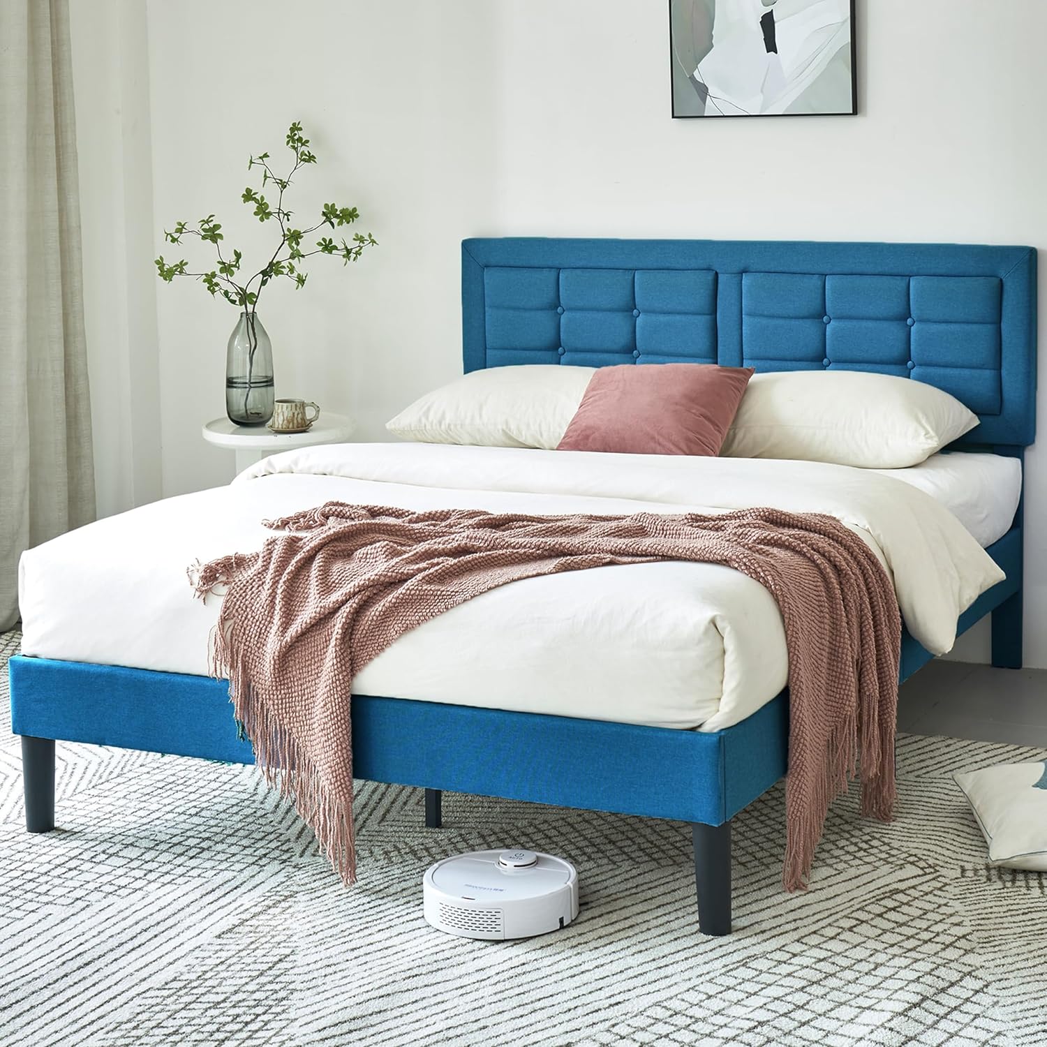 VECELO Upholstered Platform Bed Frame with Height Adjustable Headboard - VECELO