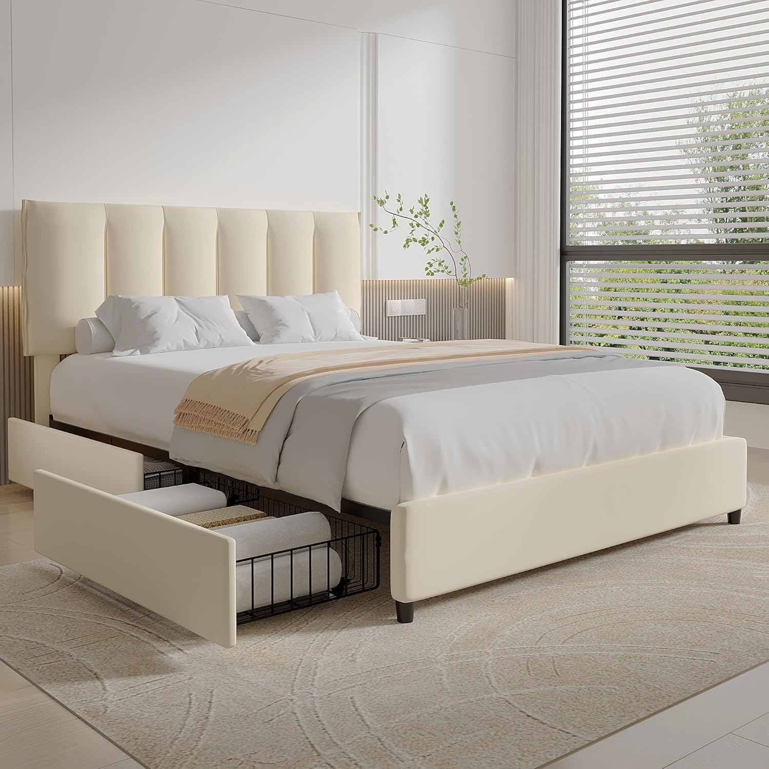 VECELO Upholstered Bed Frame with 4 Storage Drawers and Adjustable Velvet Headboard - VECELO