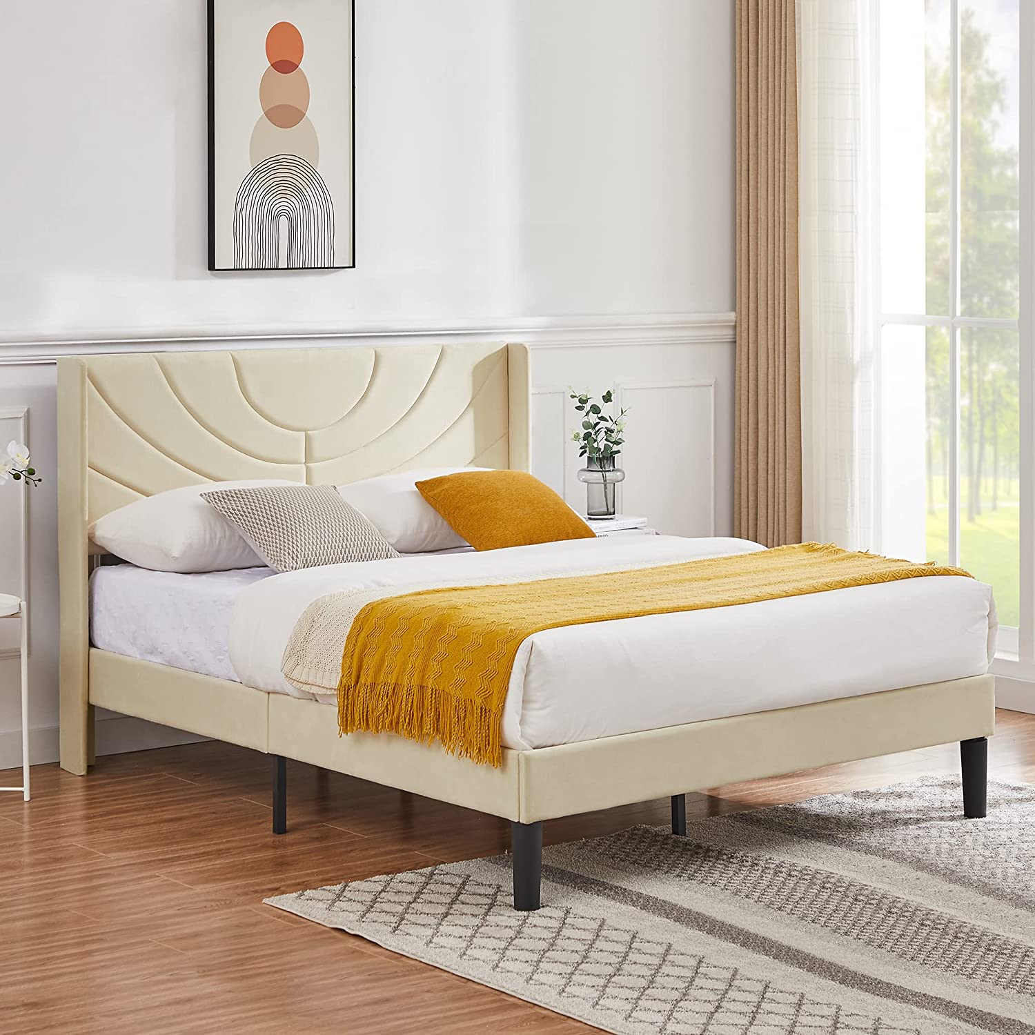 VECELO Upholstered Platform Bed Frame with Adjustable Fabric Headboard - VECELO