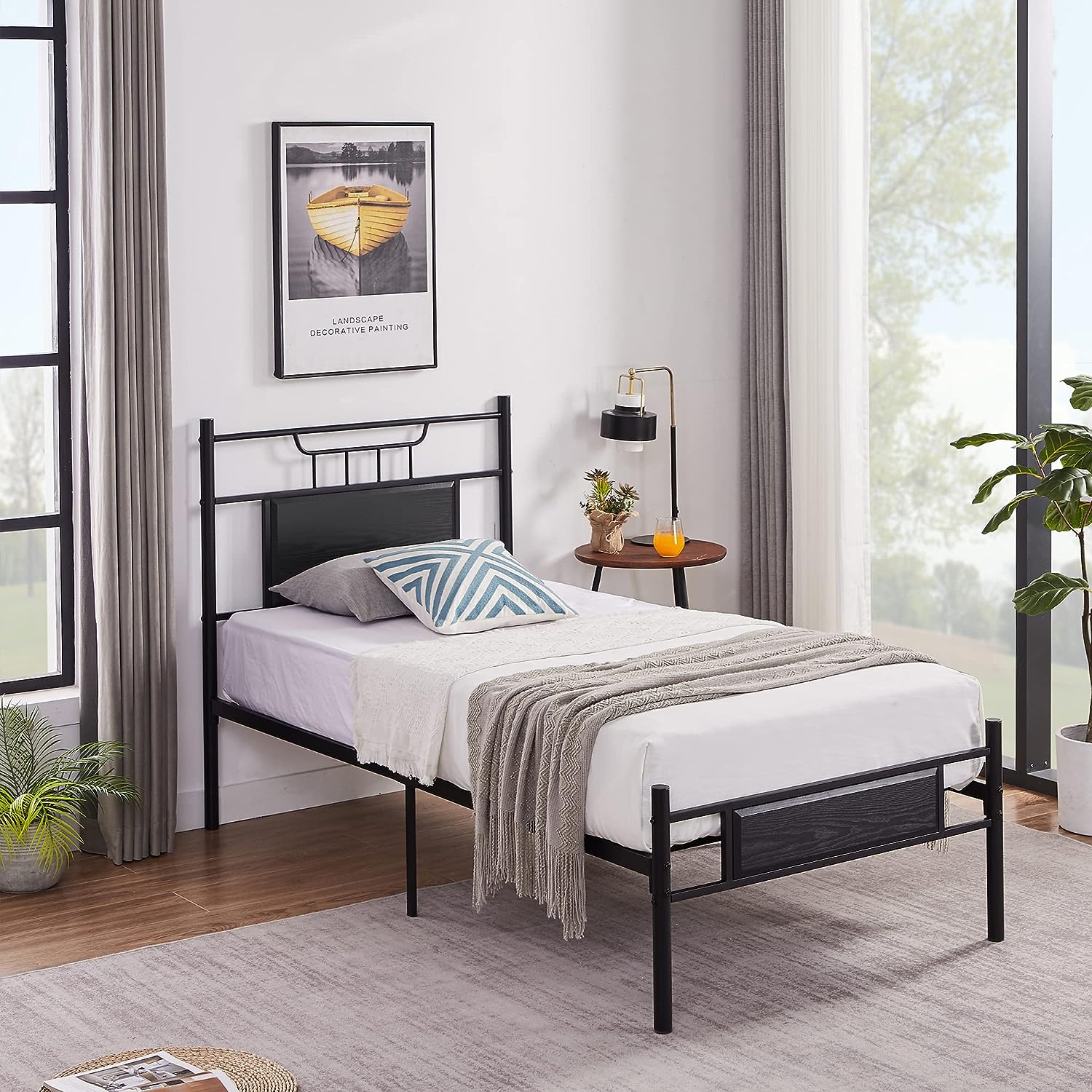 VECELO Platform Bed Frame with Wood Headboard No Box Spring Needed Heavy Duty Steel Slat - VECELO