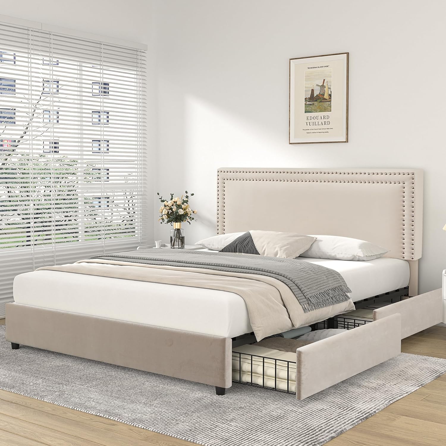 VECELO Upholstered Platform Bed Frame Platform with 4 Storage Drawers - VECELO