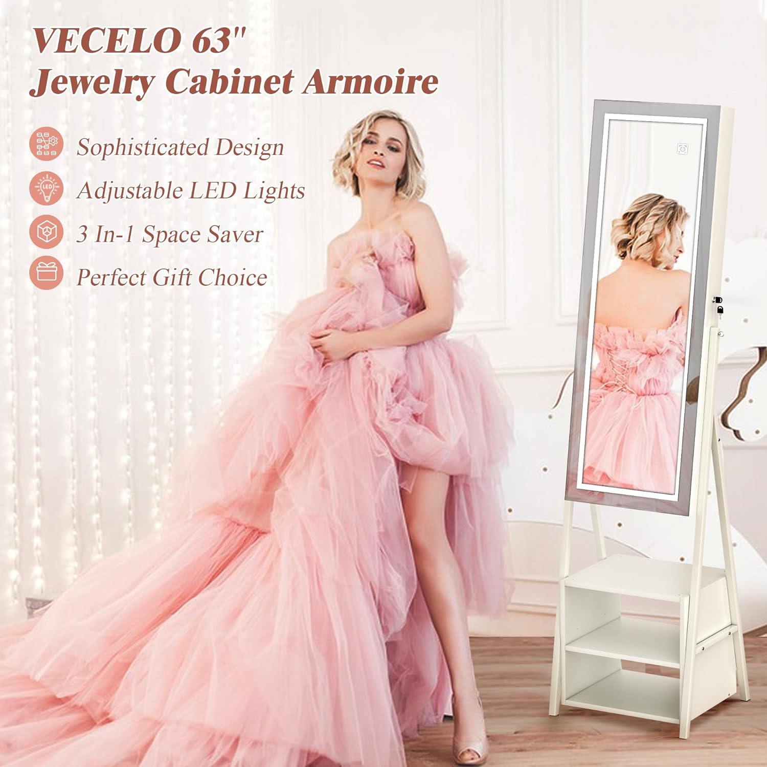 Jewelry Cabinet Armoire with Adjustable LED Lights