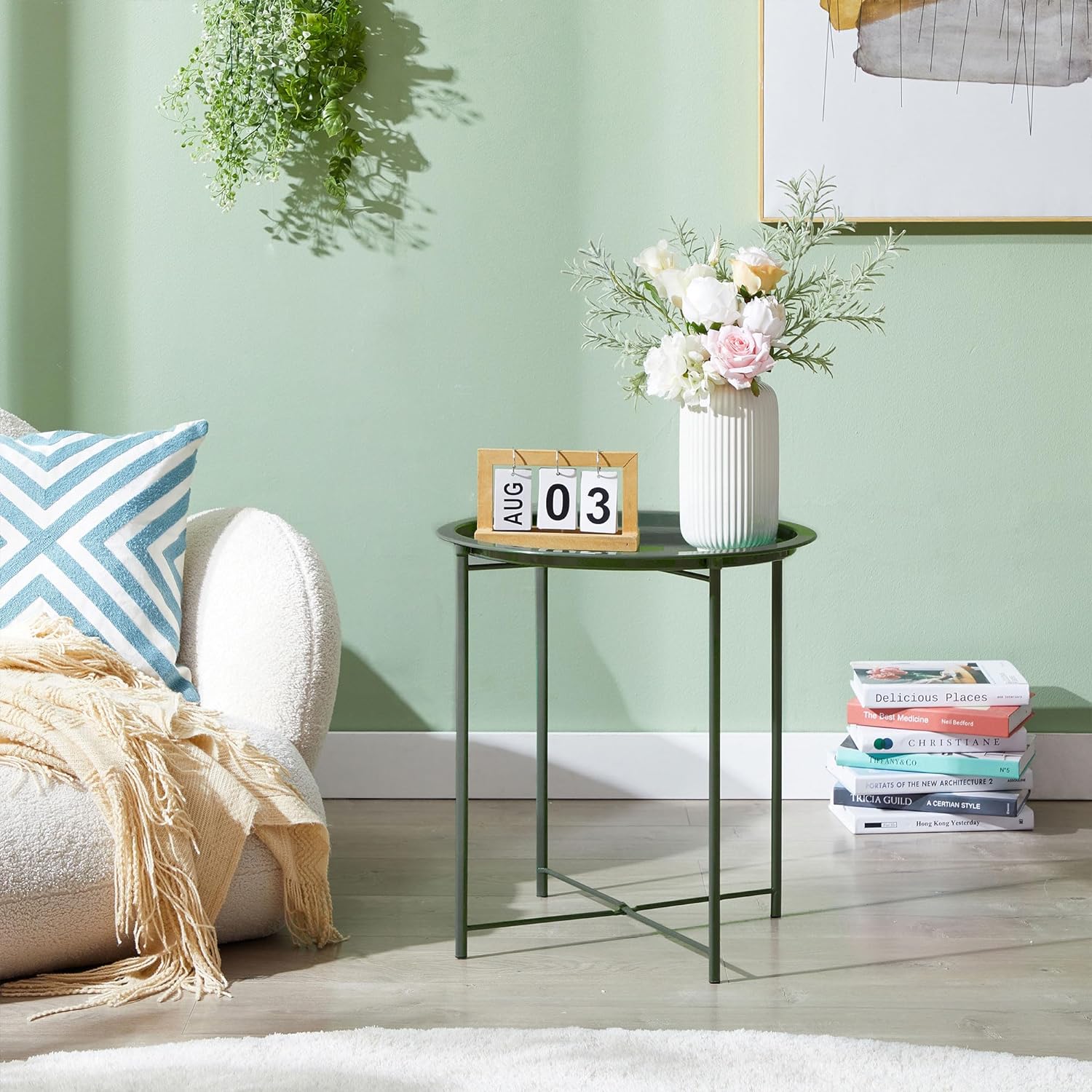 VECELO Metal Round End/Side Table with Removable Tray Small Folding Anti-Rust Nightstand - VECELO