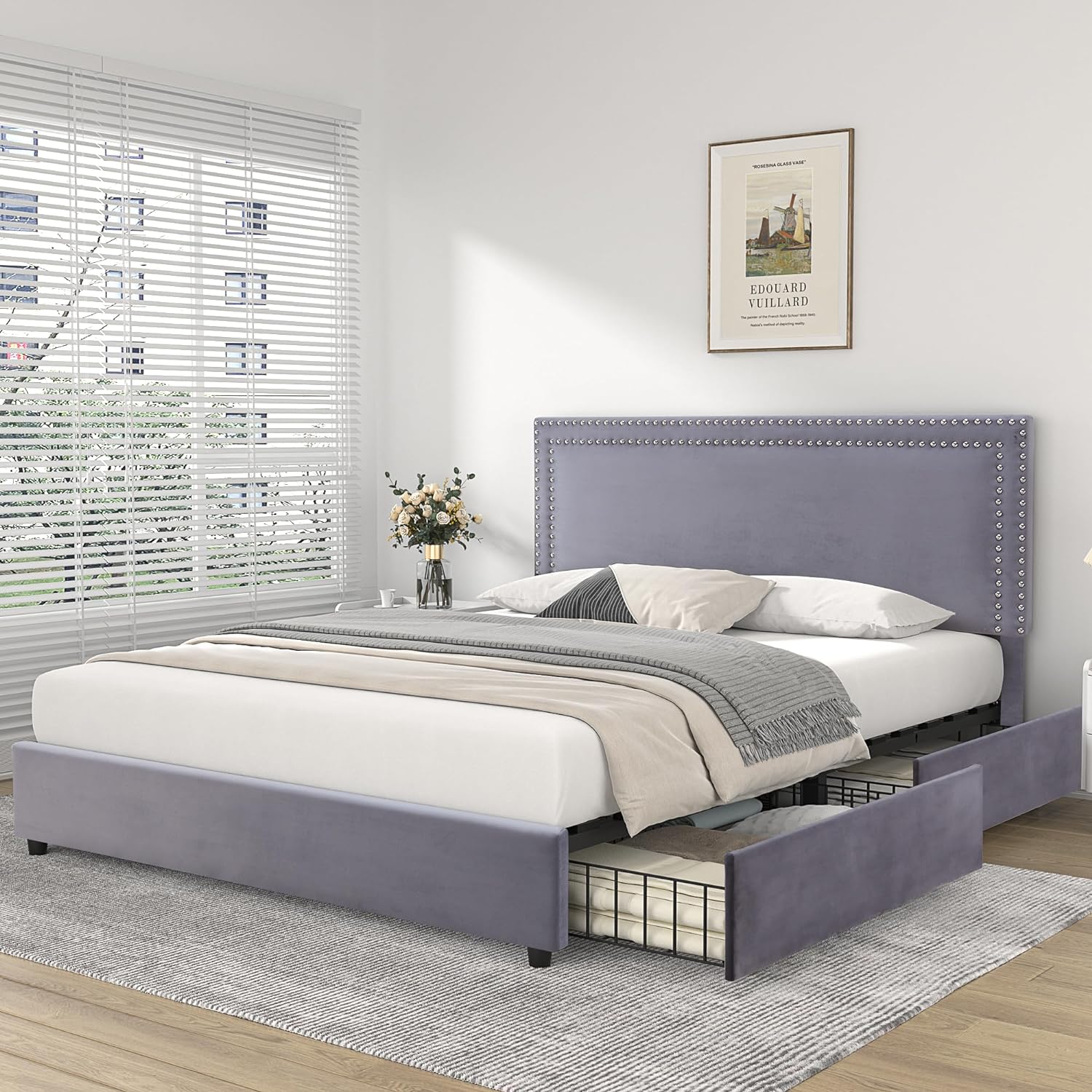 VECELO Upholstered Platform Bed Frame Platform with 4 Storage Drawers - VECELO