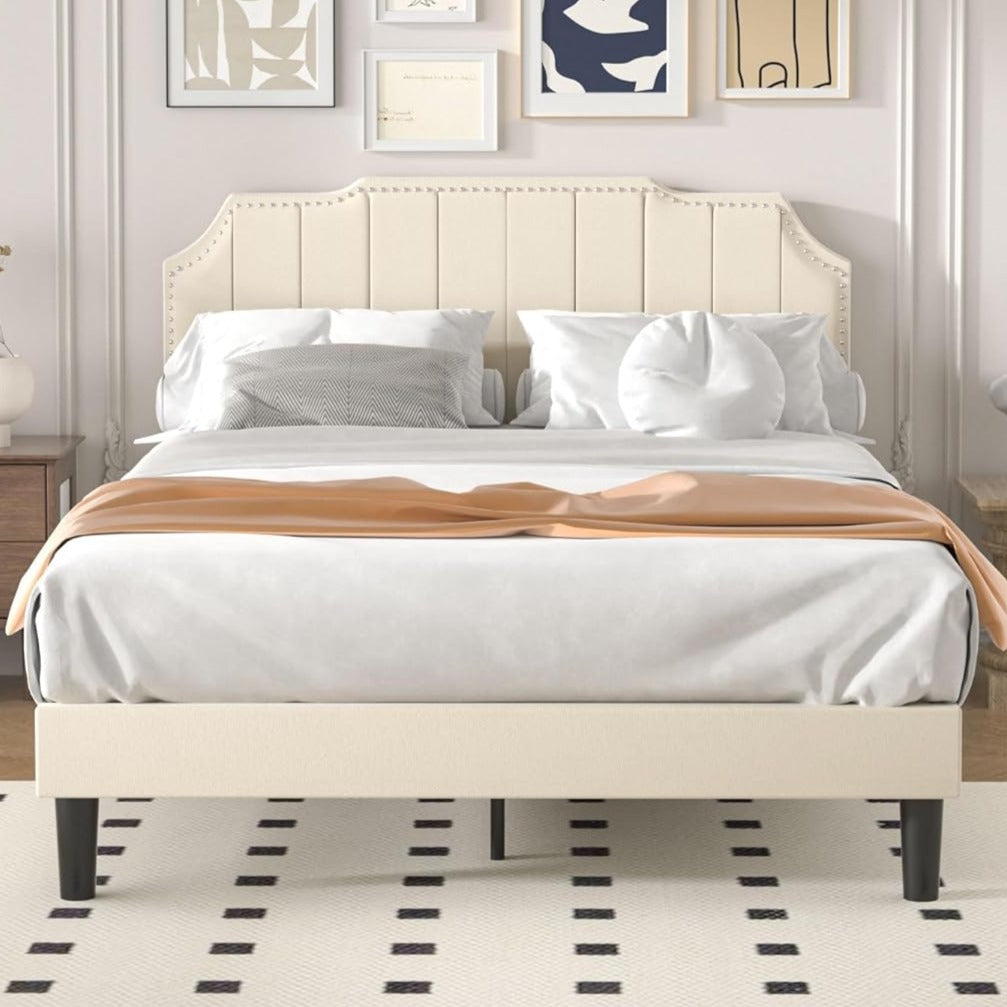 Upholstered Platform Bed Frame with Tufted Adjustable Headboard