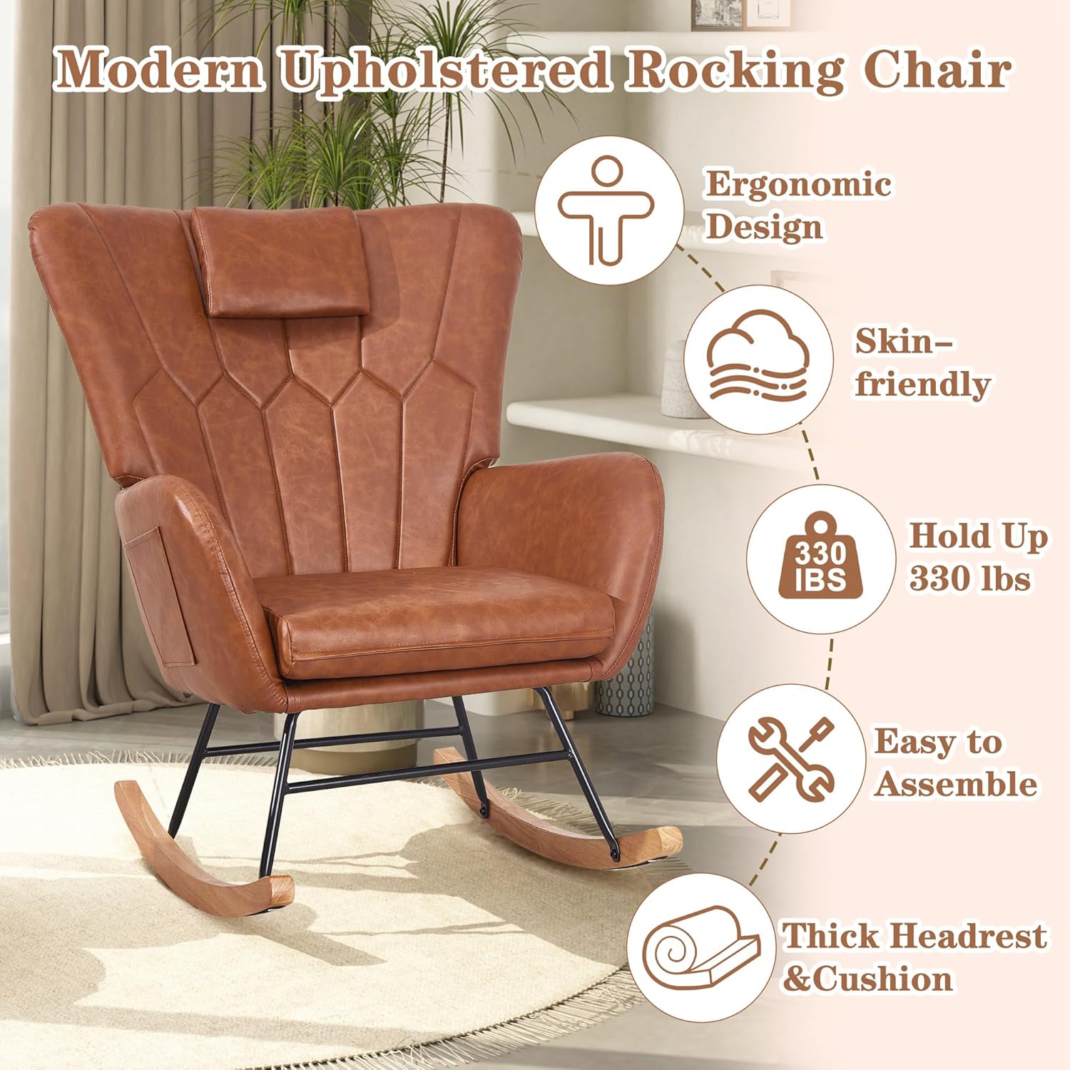VECELO Rocking Chair Nursery with Thick Headrest, Modern Teddy Upholstered Reading Glider Rocker Accent Armchair with High Backrest - VECELO