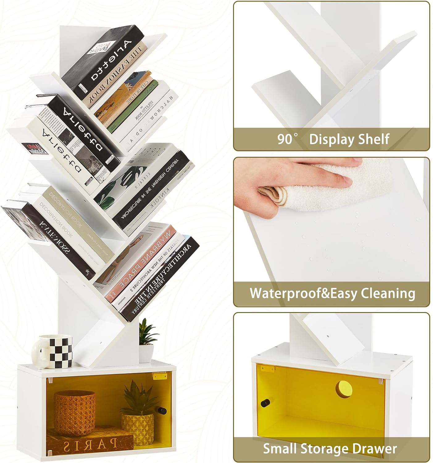 VECELO Tree Bookshelf, 7-Tier Tree Bookcase Wood Shelves Display with Storage Cabinet - VECELO