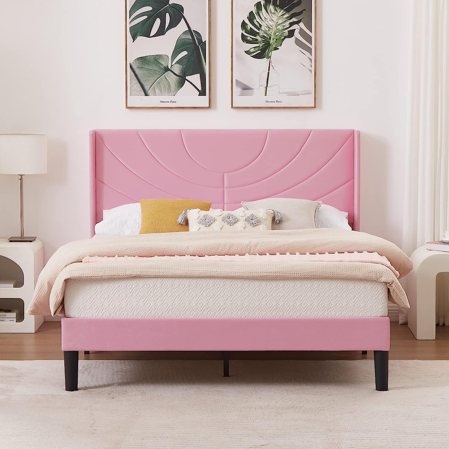 VECELO Upholstered Platform Bed Frame with Adjustable Fabric Headboard - VECELO