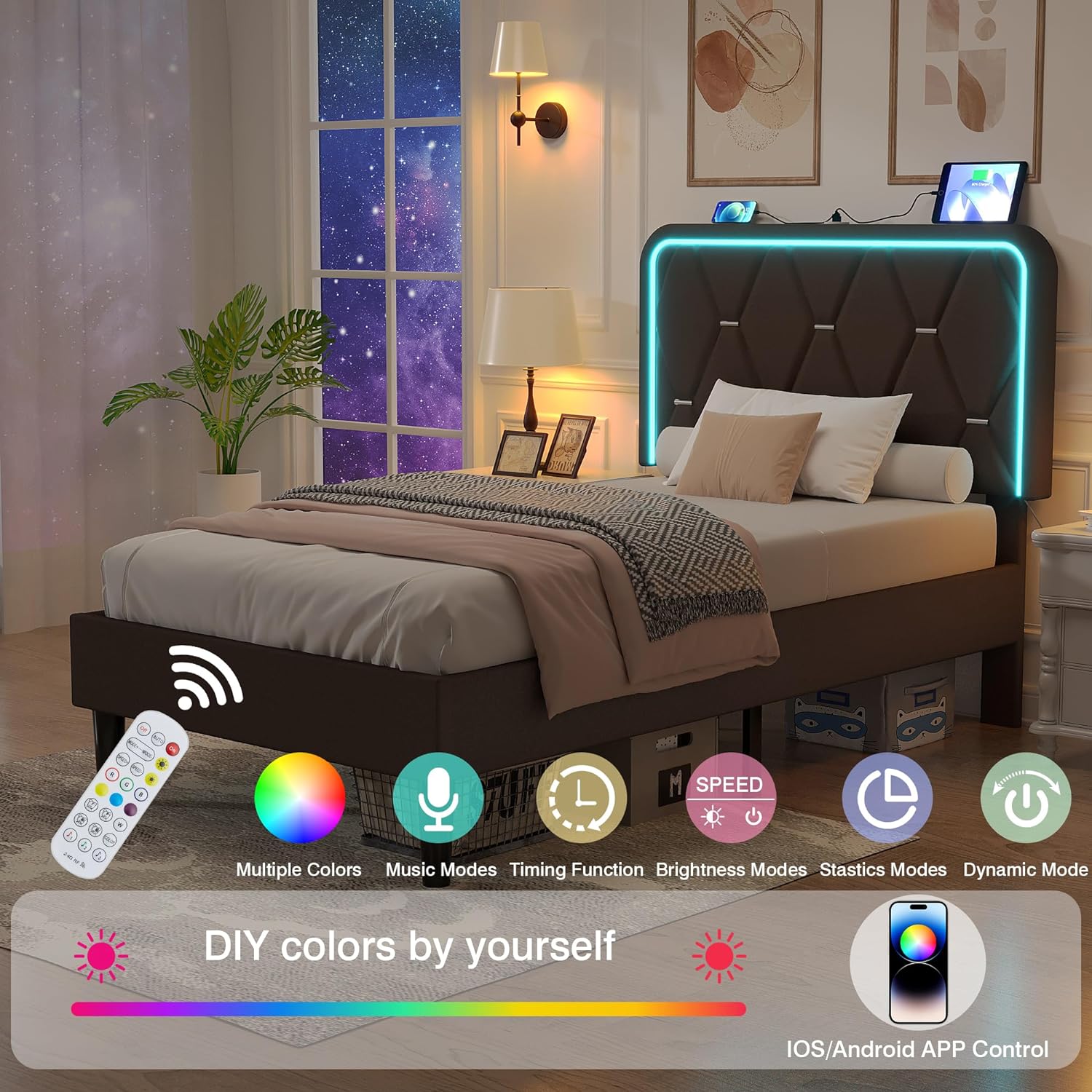 VECELO Upholstered Bed Frame with LED Lights, Charging Station, Velvet Platform Bed - VECELO