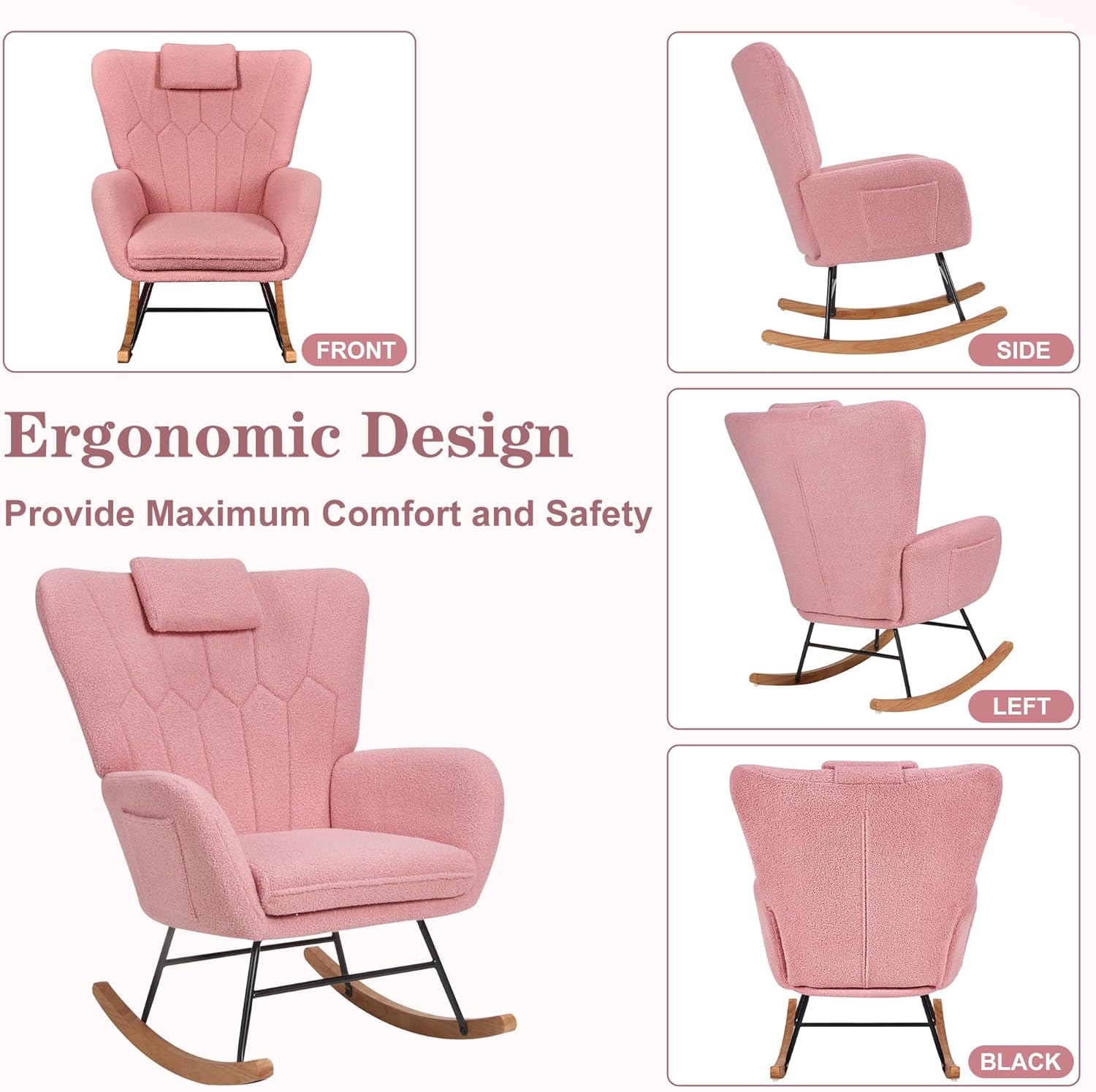VECELO Rocking Chair Nursery with Thick Headrest, Modern Teddy Upholstered Reading Glider Rocker Accent Armchair with High Backrest - VECELO