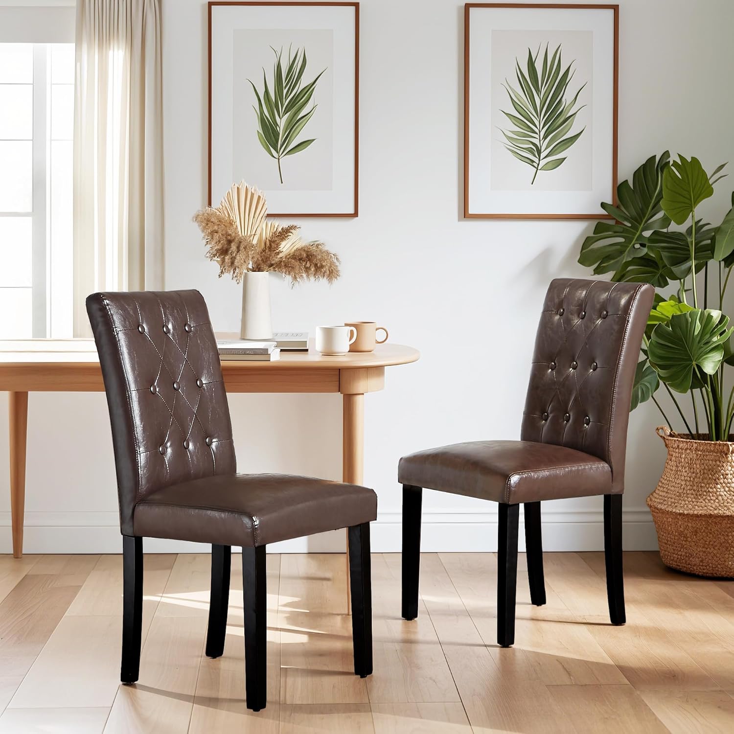 VECELO Upholstered Dining Chairs Set of 2 Button Tufted Back, Padded Seat, Wood Legs with Rubber Footpads - VECELO