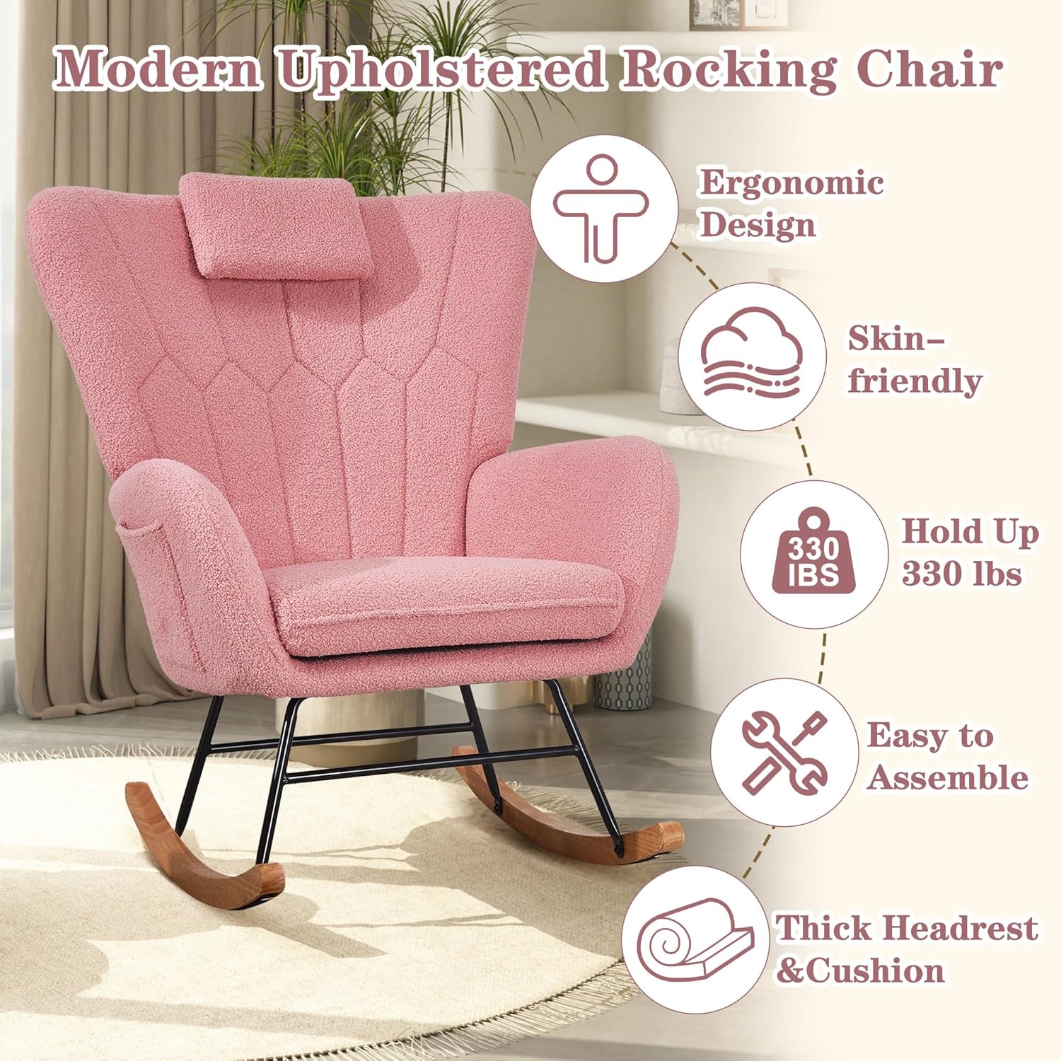 VECELO Rocking Chair Nursery with Thick Headrest, Modern Teddy Upholstered Reading Glider Rocker Accent Armchair with High Backrest - VECELO