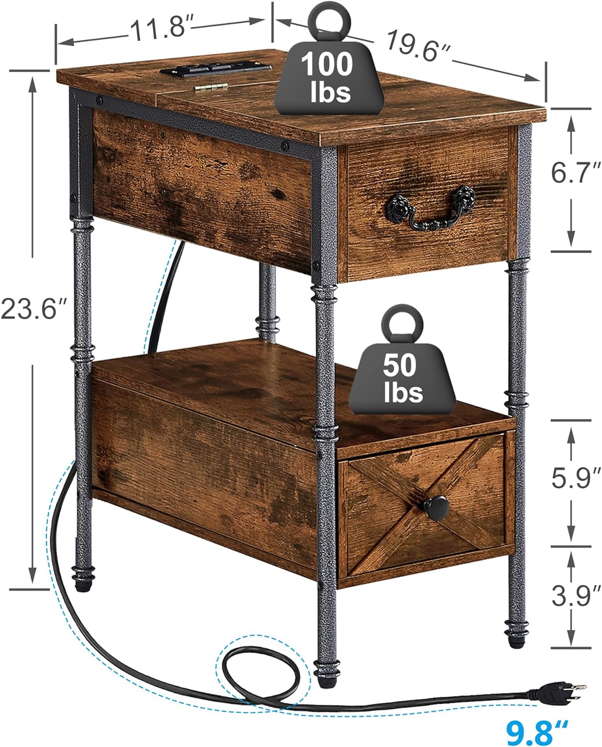 VECELO End Table with Charging Station, Narrow Flip Top Nightstand - VECELO