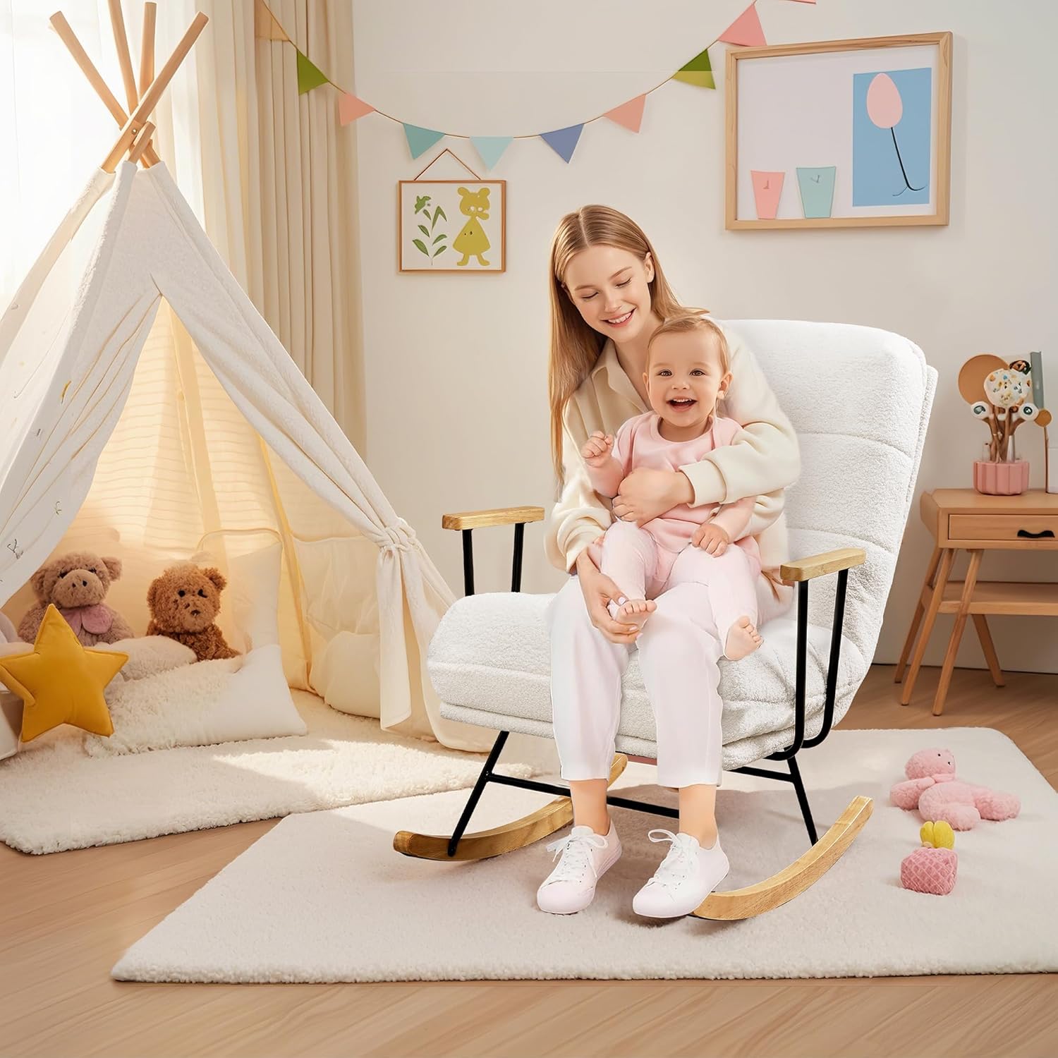 VECELO Rocking Chair Nursery Teddy Fabric Modern Upholstered Glider Rocker with High Backrest for Living Room - VECELO