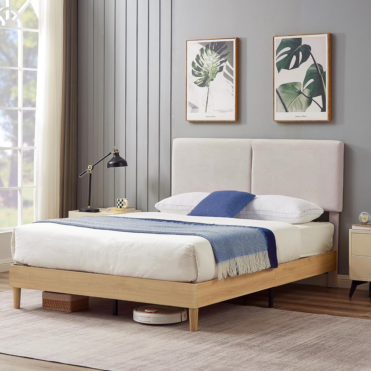VECELO Upholstered Platform Bed Frame with Height-Adjustable Cotton and Linen Headboard - VECELO