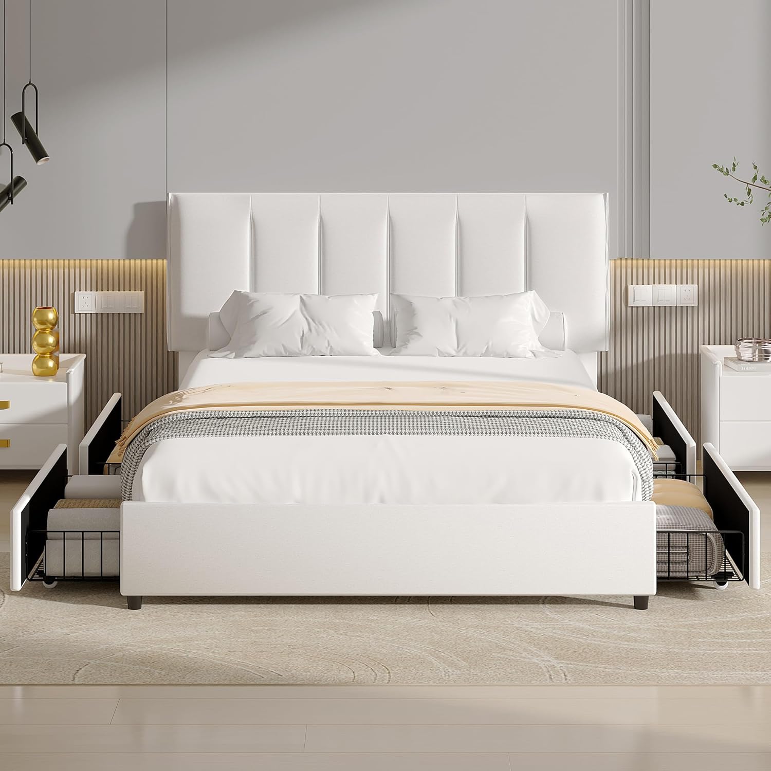 VECELO Upholstered Bed Frame with 4 Storage Drawers and Adjustable Velvet Headboard - VECELO