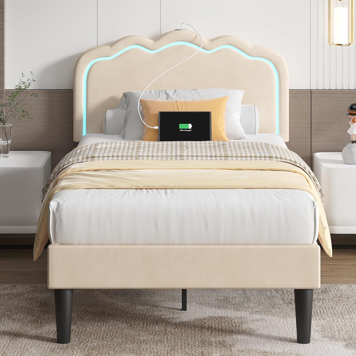 VECELO Upholstered Velvet Platform Bed Frame with Headboard Adjustable, LED Lights, USB-A & Type-C - VECELO