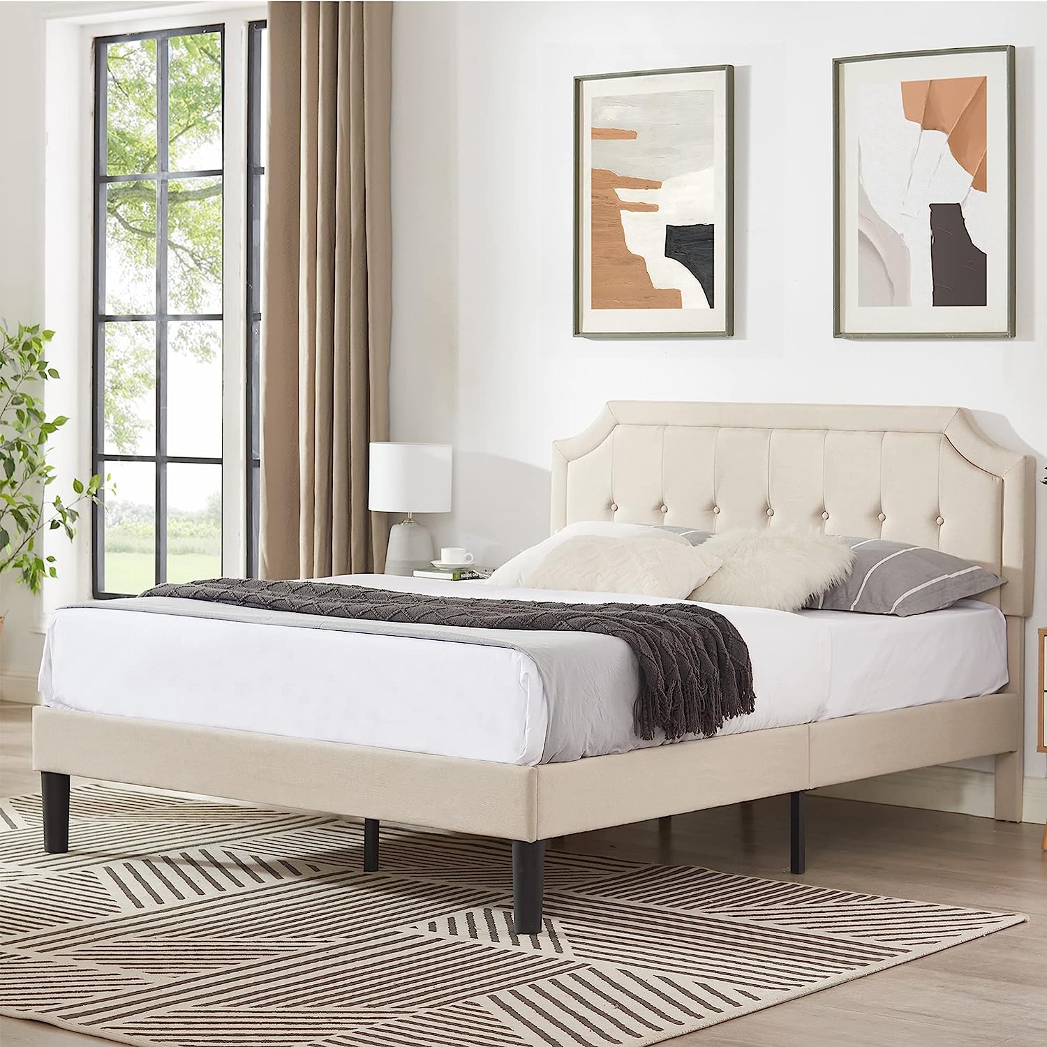 VECELO Premium Upholstered Platform Bed Diamond Stitched Panel Headboard - VECELO