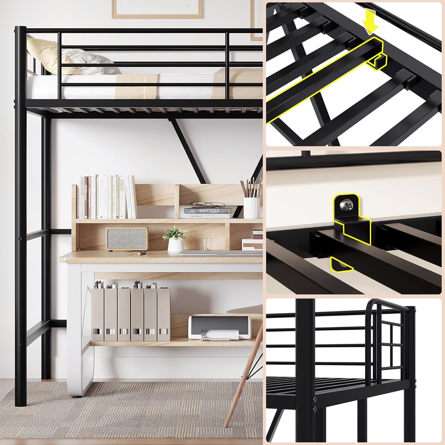 VECELO Metal Loft Bed Twin Size - VECELO