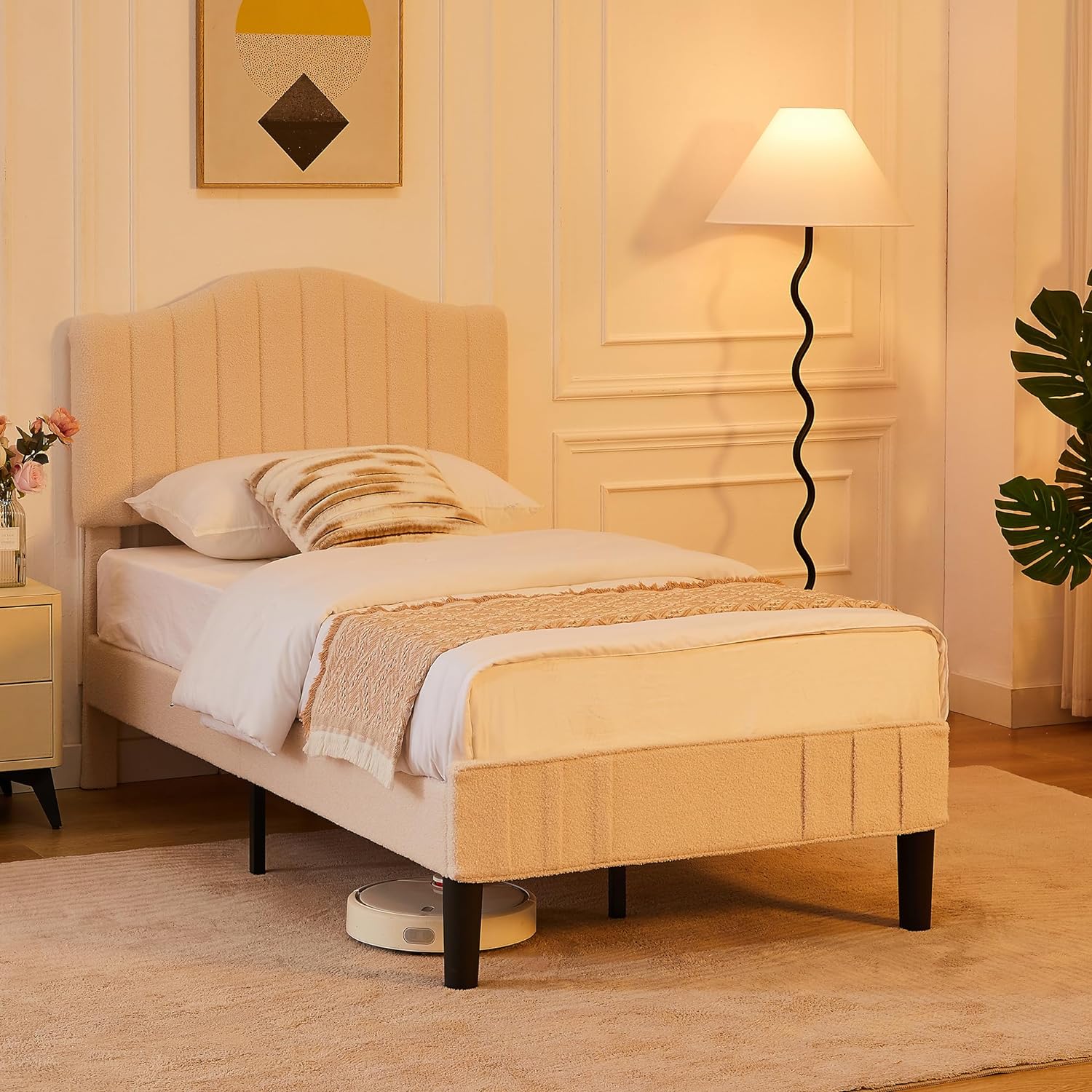 VECELO Upholstered Platform Bed Frame with Sheepskin Fabric Adjustable Headboard/Strong Wood Slats Supports - VECELO