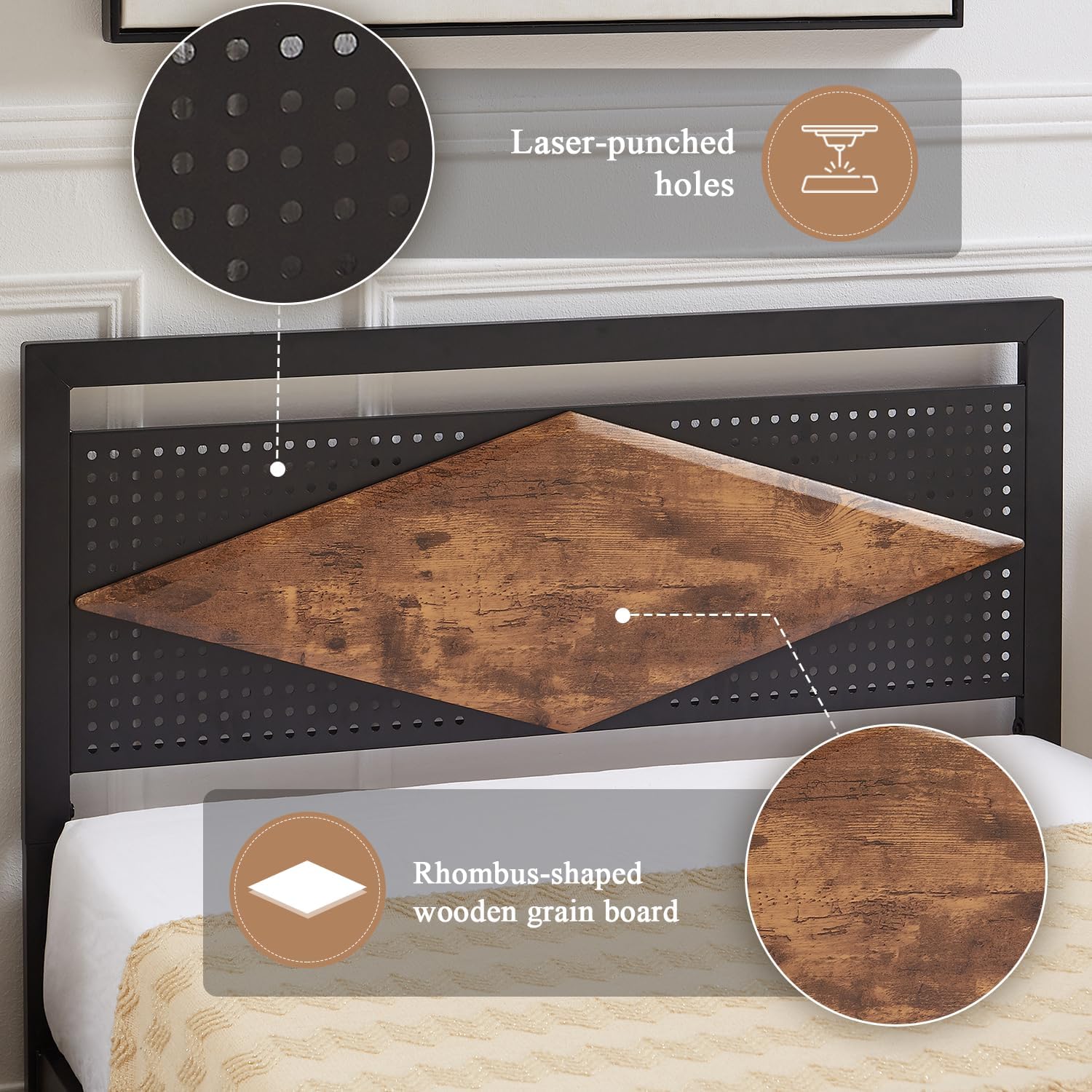 VECELO Metal Bed Frame Platform with Wood Grain Headboard&Footboard - VECELO