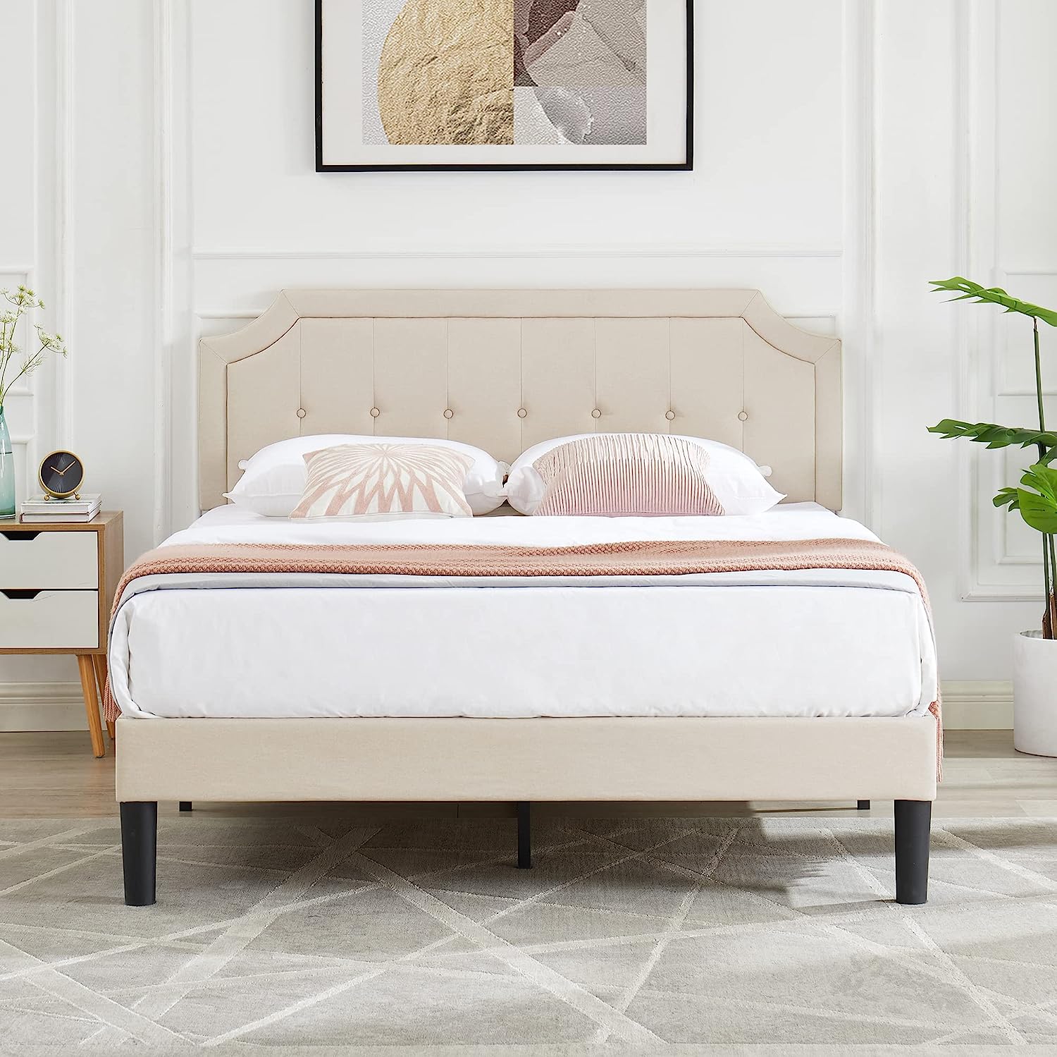 VECELO Premium Upholstered Platform Bed Diamond Stitched Panel Headboard - VECELO