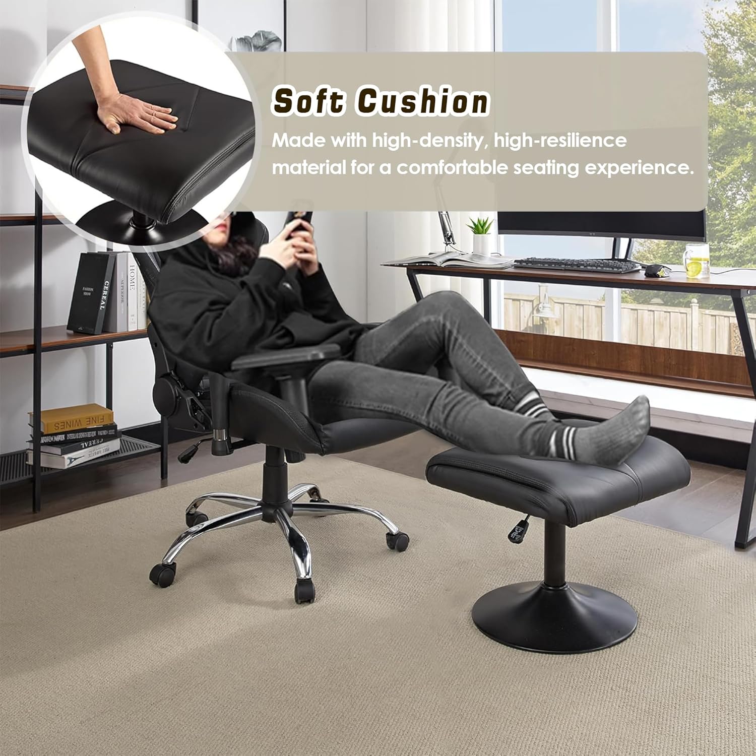 VECELO Foot Rest Under Desk Ottoman, PU Height Adjustable Footrest with Comfort Padding - VECELO