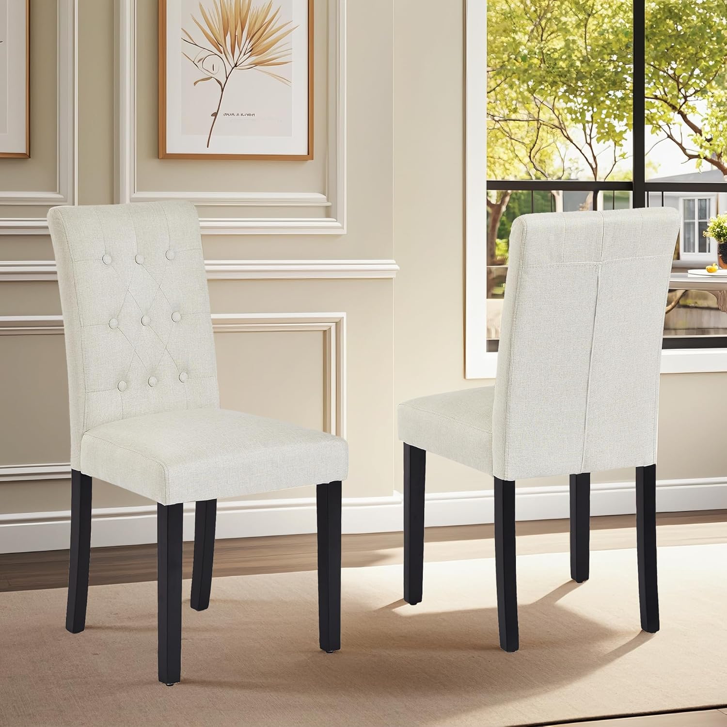 VECELO Upholstered Dining Chairs Set of 2 Button Tufted Back, Padded Seat, Wood Legs with Rubber Footpads - VECELO