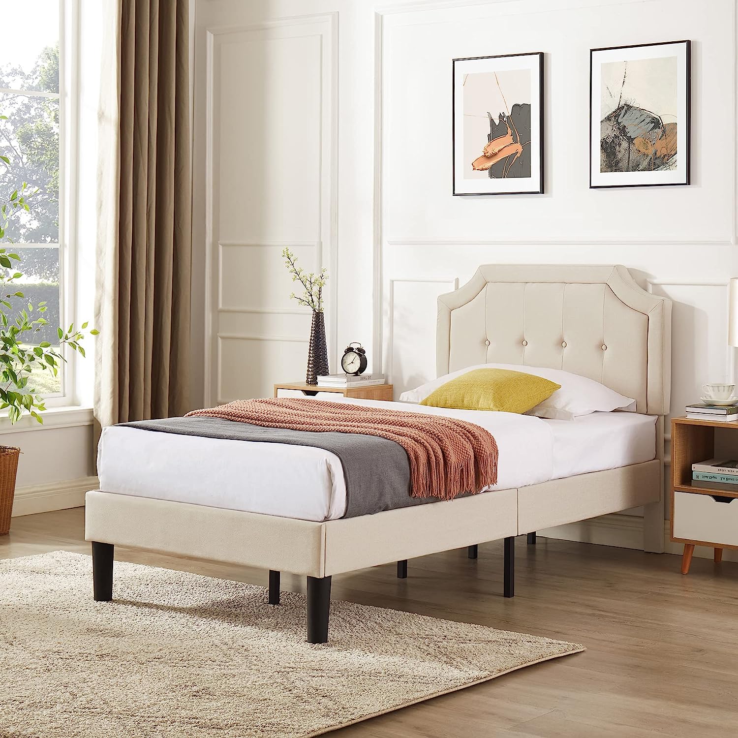 VECELO Premium Upholstered Platform Bed Diamond Stitched Panel Headboard - VECELO