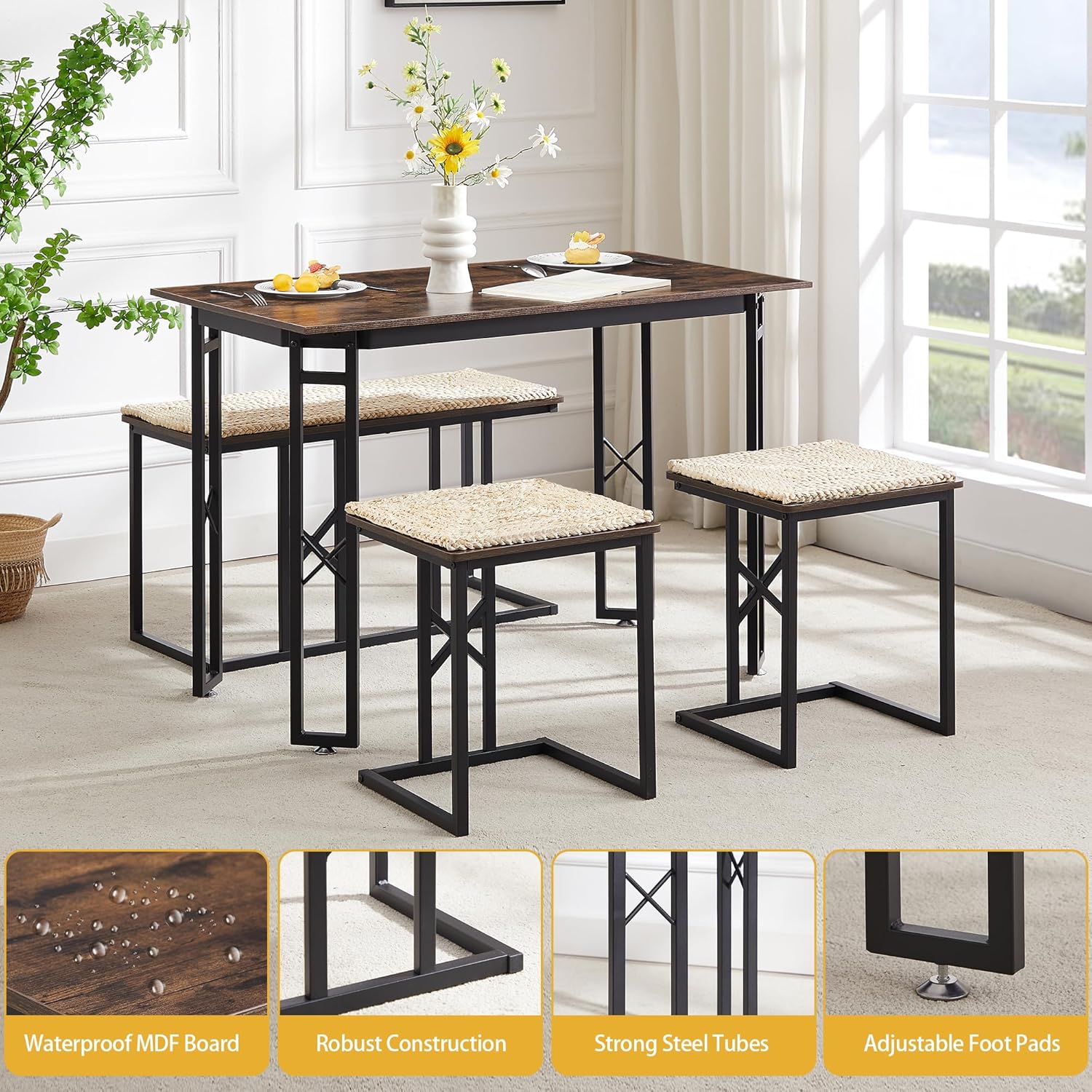 VECELO 43.3" Farmhouse Room Sets for 4 with 3 Benches Wicker-Knot Cushions - VECELO