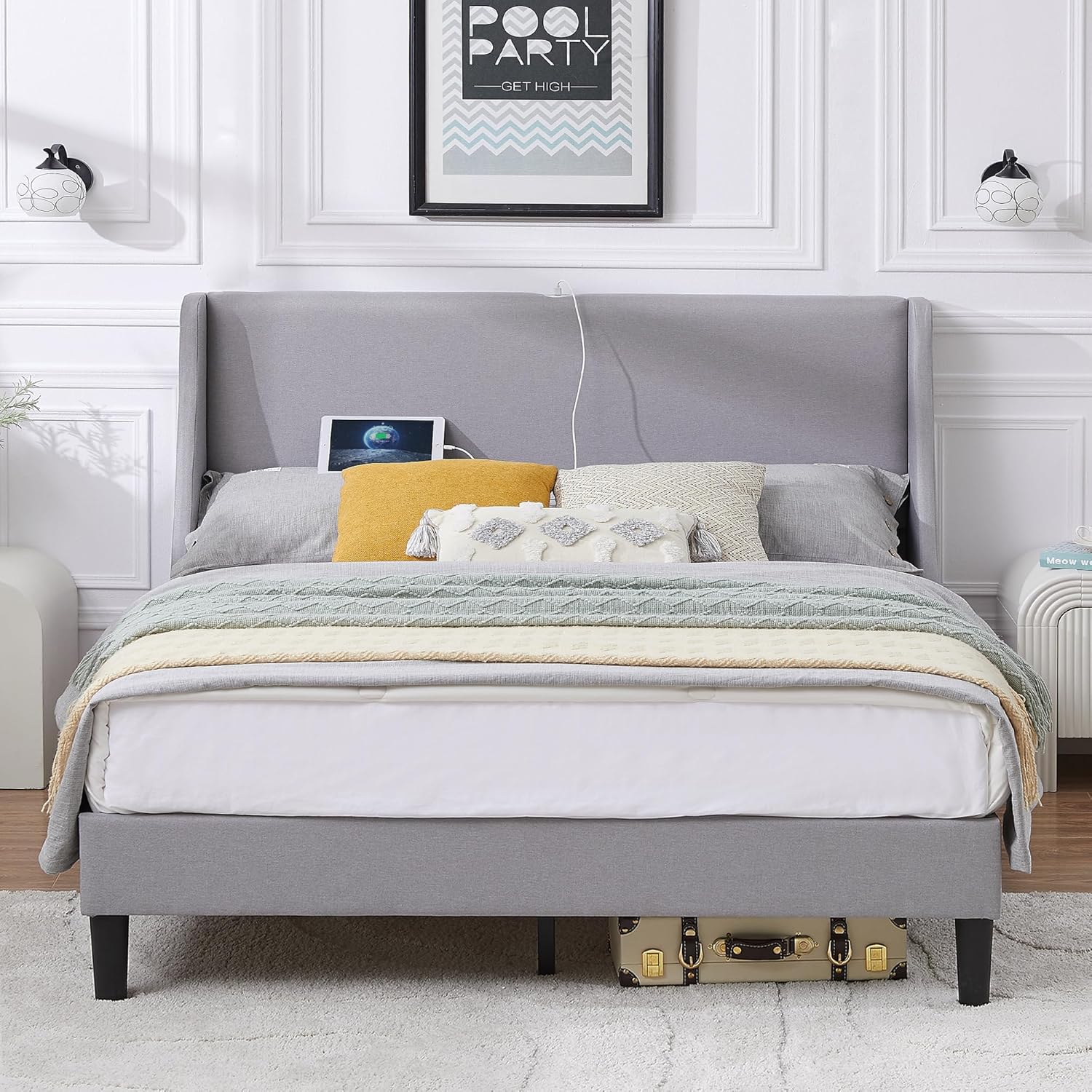 VECELO Bed Frame with Upholstered Wingback Headboard - VECELO