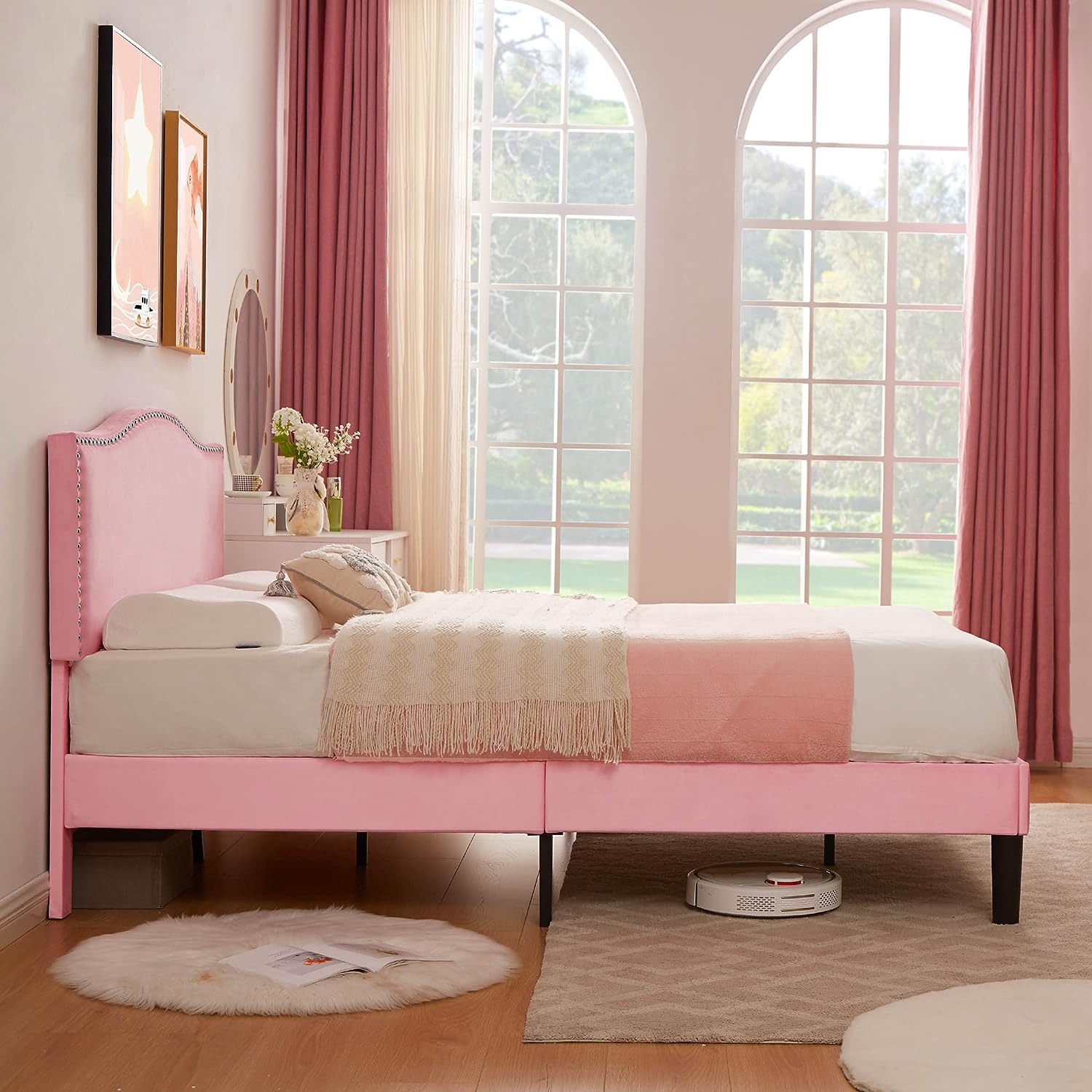 VECELO Bed Frame Platform with Upholstered Headboard & Wooden Slats Support - VECELO