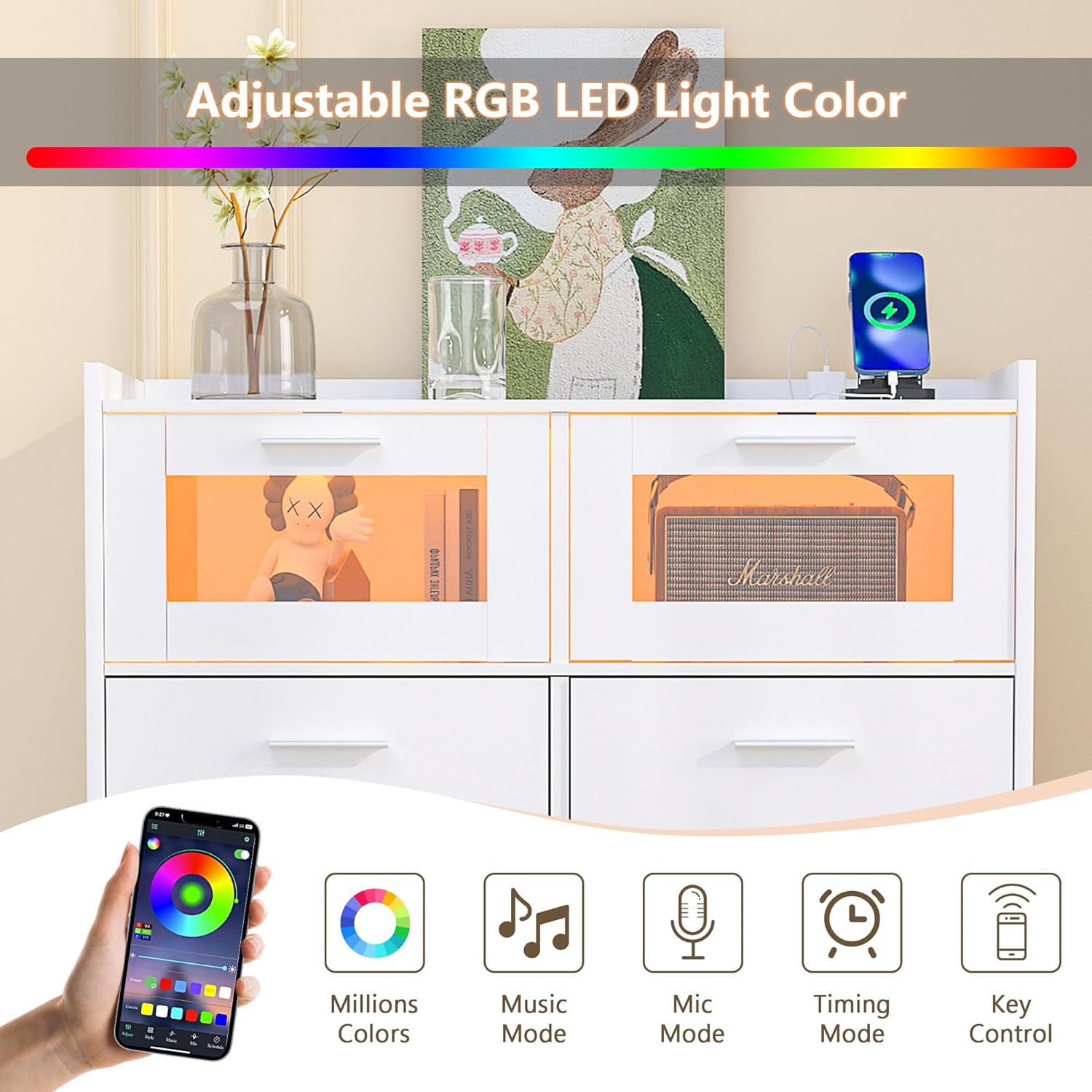 VECELO Dresser for Bedroom Chest of 4 Drawers/6 Drawer with Adjustable LED Lights - VECELO