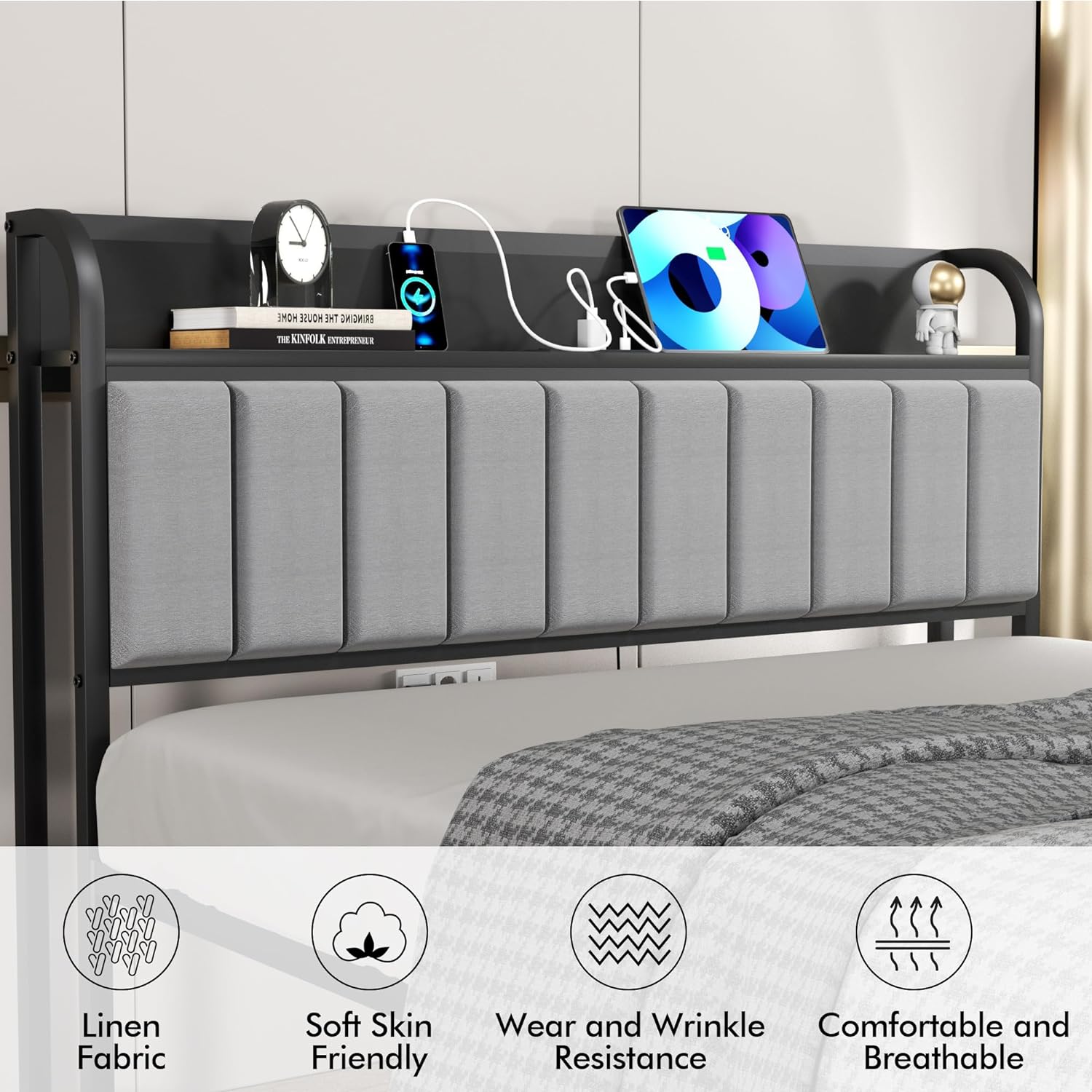 VECELO Bed Frame with Storage, Upholstered Platform Bedframe with Headboard - VECELO