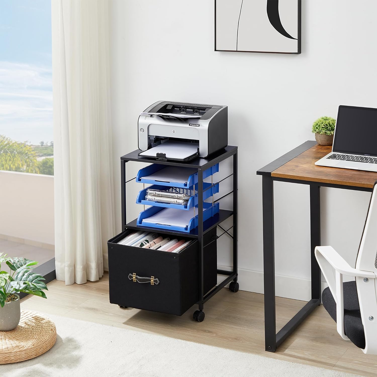VECELO File Cabinet with Open Storage Shelf, Rolling Printer Stand with Large Fabric Drawer - VECELO