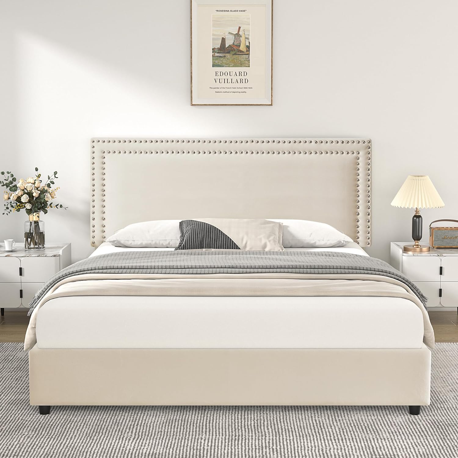 VECELO Upholstered Platform Bed Frame Platform with 4 Storage Drawers - VECELO