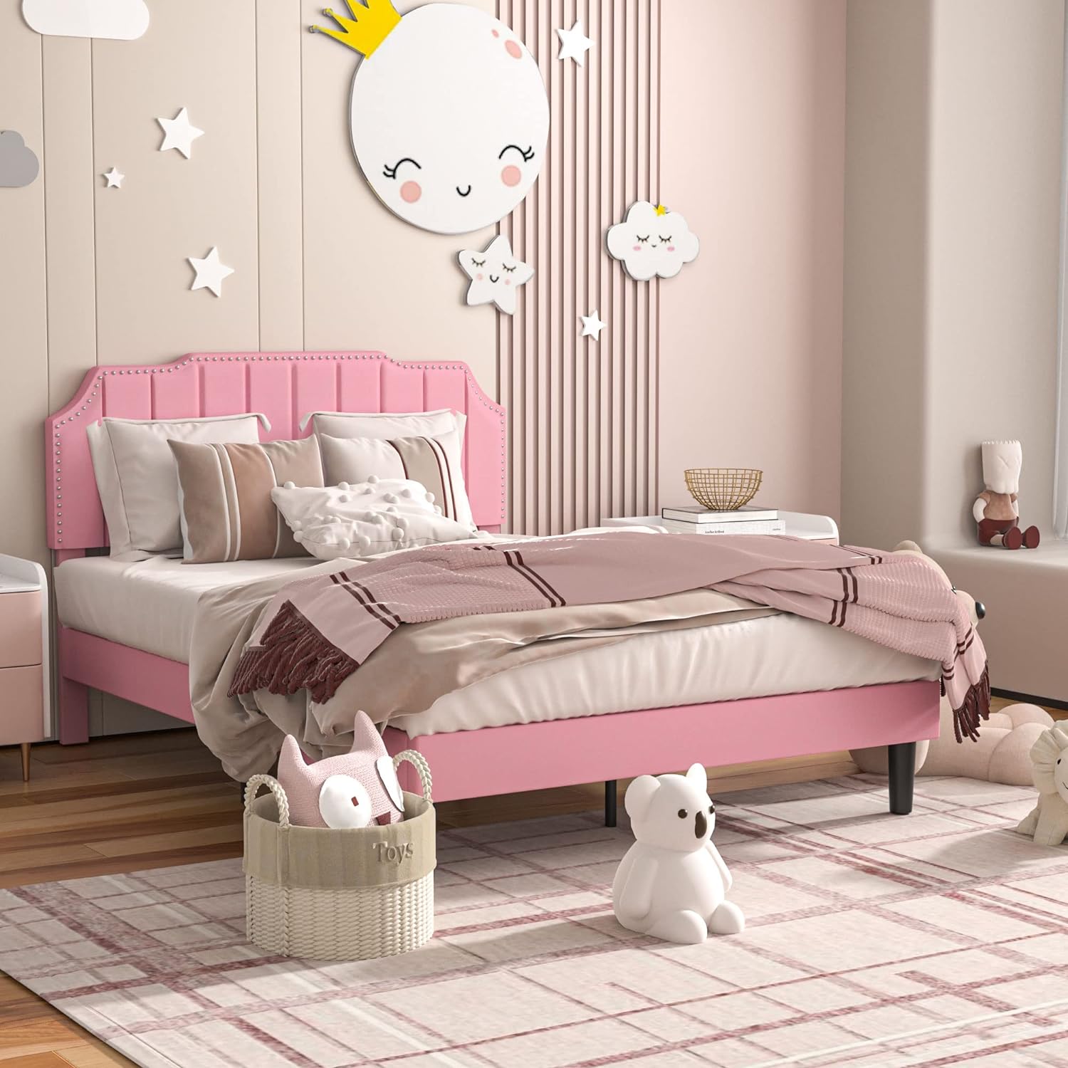 VECELO Upholstered Platform Bed Frame with Tufted Adjustable Headboard & Wood Slat Support - VECELO