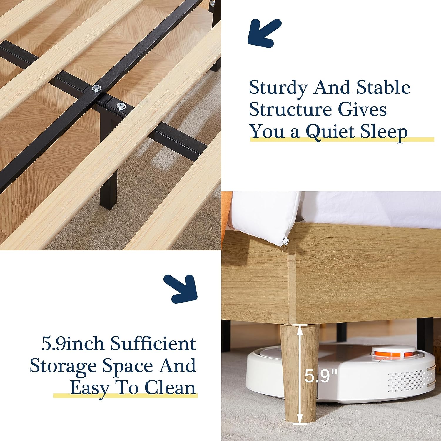 VECELO Upholstered Platform Bed Frame with Height-Adjustable Cotton and Linen Headboard - VECELO