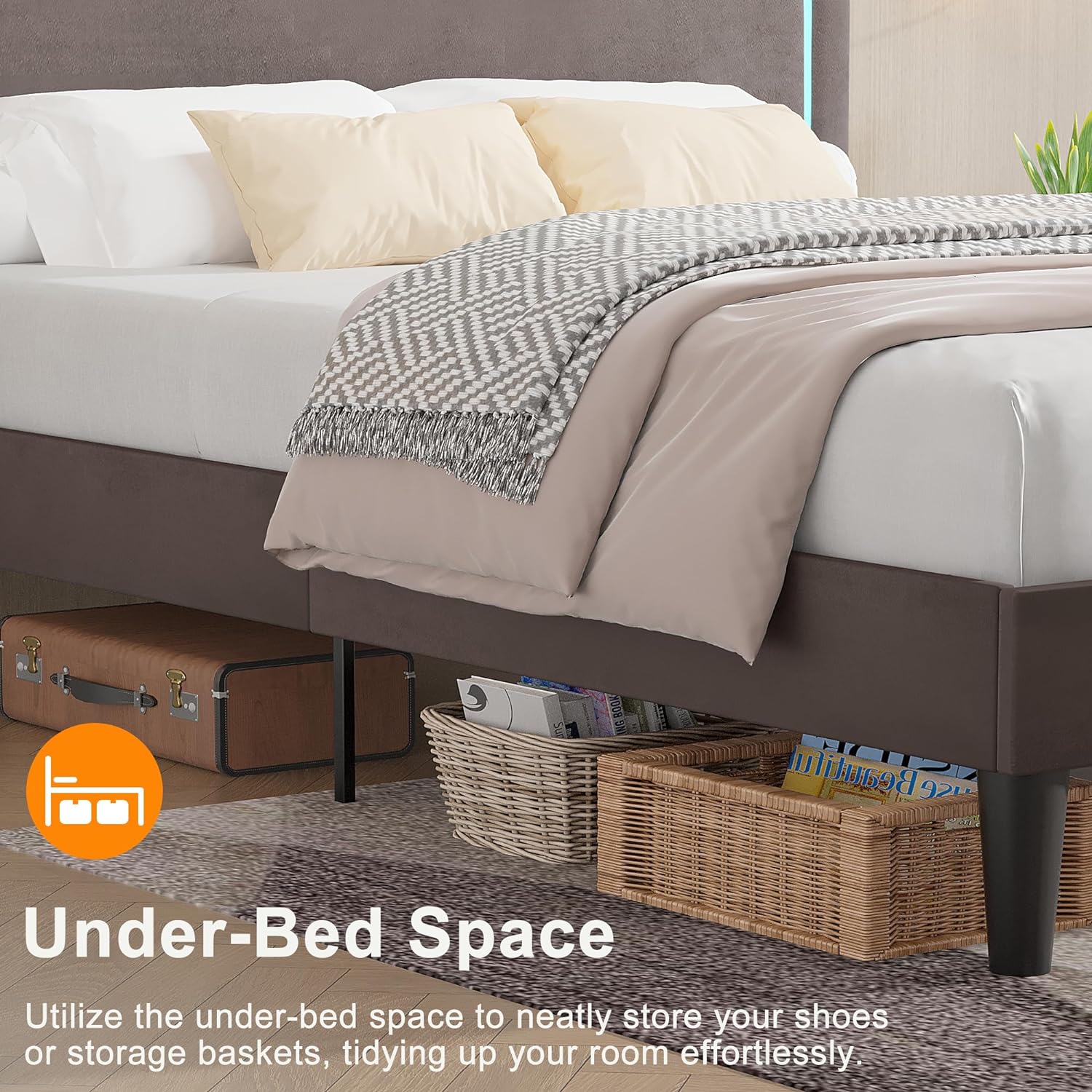 VECELO Upholstered Velvet Platform Bed Frame with Headboard Adjustable, LED Lights, USB-A & Type-C - VECELO